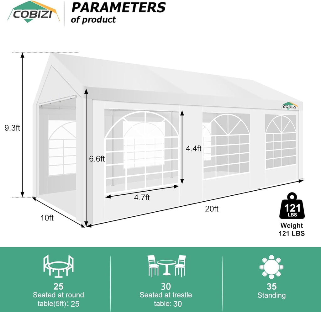 COBIZI 10x20FT Party Tent Heavy Duty for Parties Outdoor Gazebo White Event Shelter Wedding Canopy, BBQ Carport Commercial with Removable Sidewall Windows, Powder Coating (Better Than Galvanized)