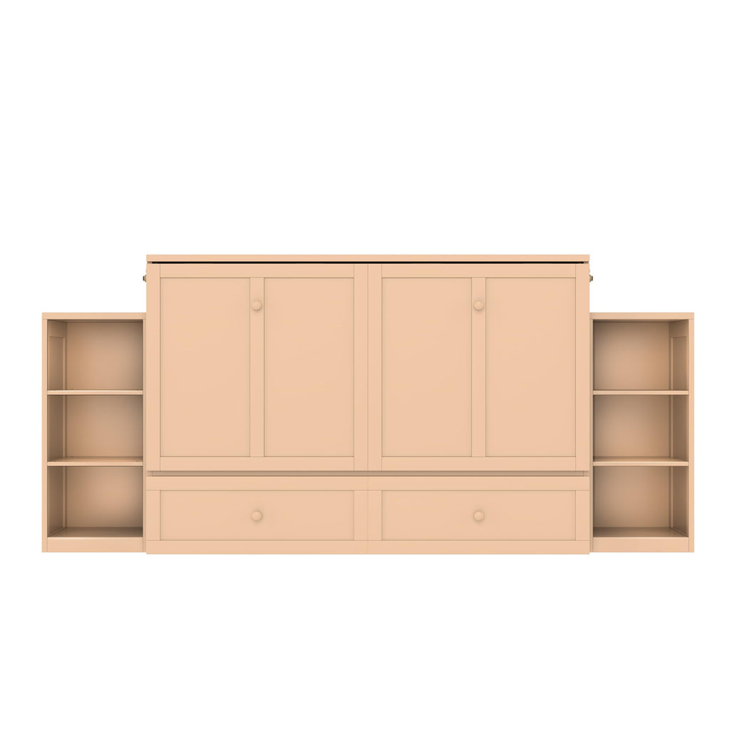 DNYN Pine Wood Murphy Bed Cabinet with Dual Multi-Layers Shelves and 2 Storage Drawers for Guest Room/Home Office, Space-Saving Foldable Bed Frame, No Box Spring Needed