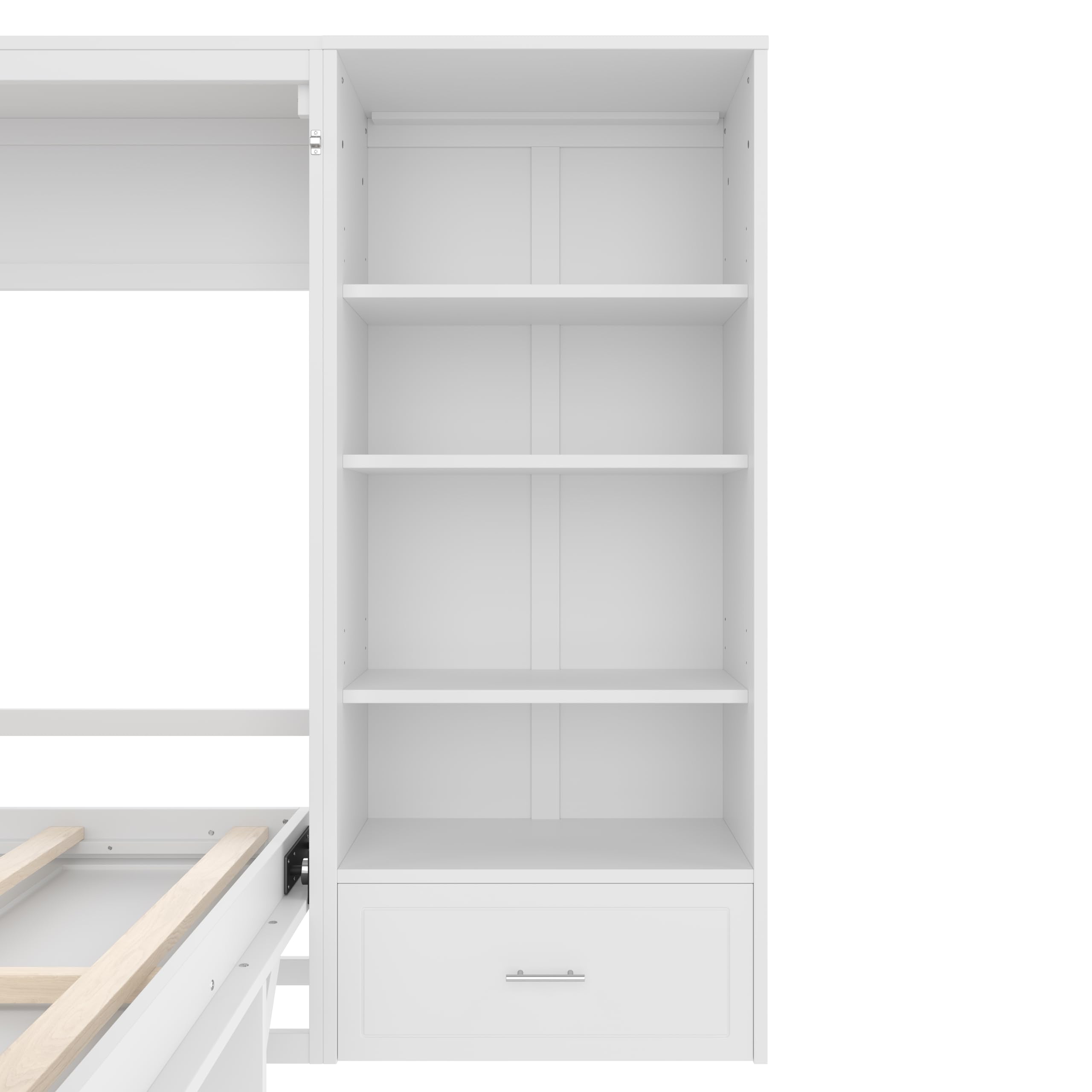 Merax Queen Murphy Bed with 3 Height Adjustable Storage Shelves & 1 Drawer, Wall Bed Frame Multifunctional Foldable Platform Bed for Small Space, Bedroom, Guest Room, Bear 500LBS (White)