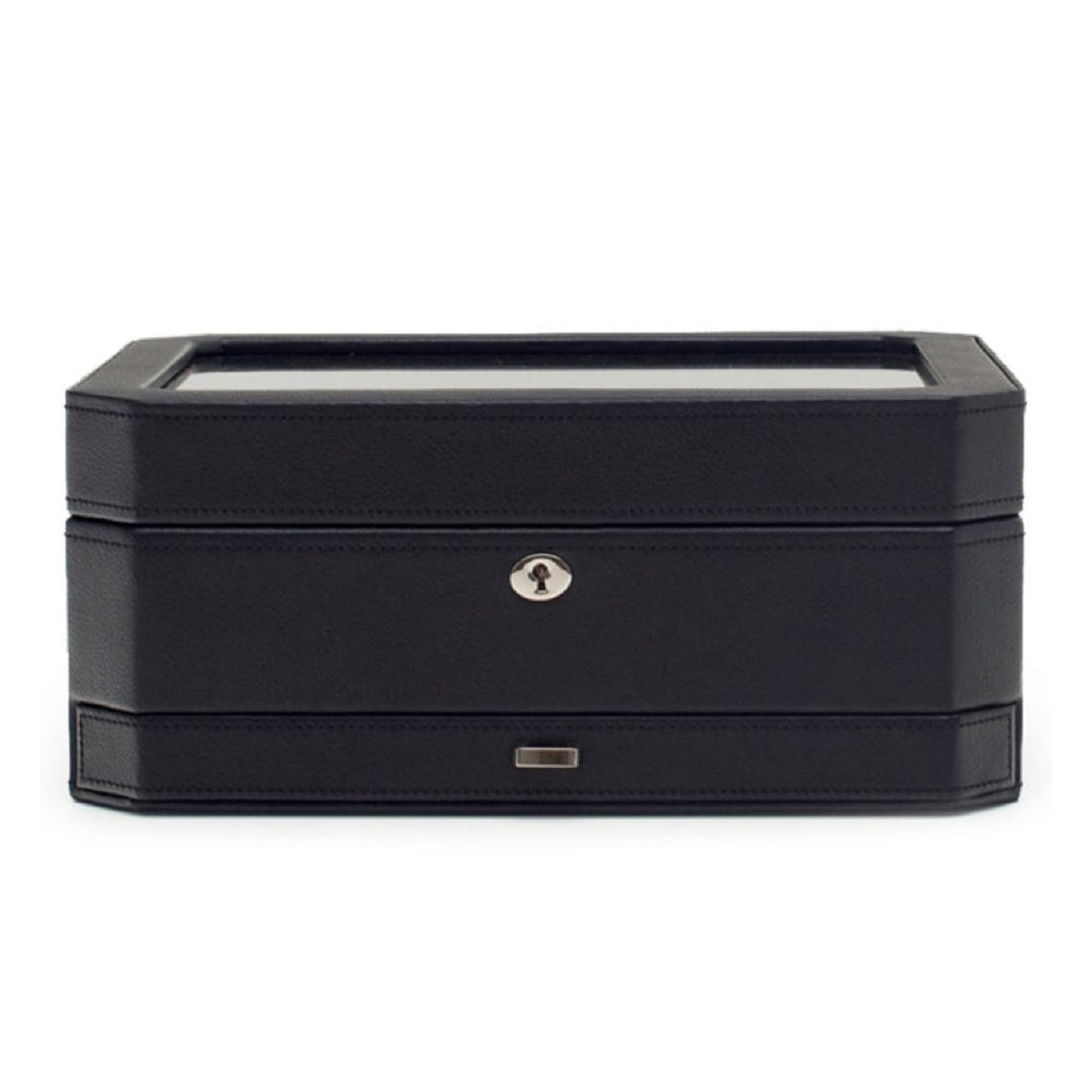 WOLF Windsor 10-Piece Watch Box with Drawer, Black - Features 10 Watch Compartments, Eight Ring Rolls & 17 Jewelry Compartments - Vegan Leather Exterior