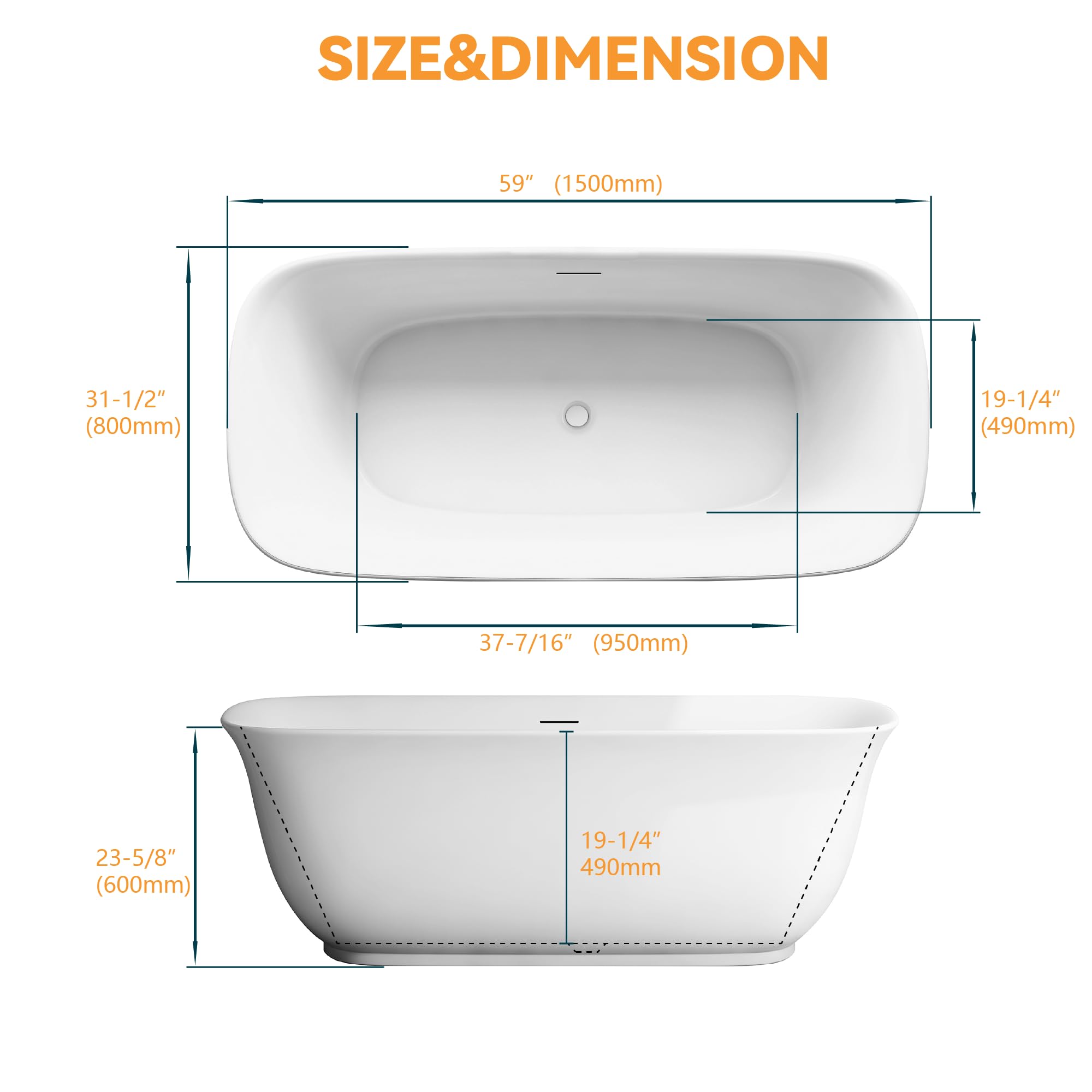 Adecab 59" Acrylic Freestanding Bathtub, Soaking Tub for Bathroom, Stand Alone Tub, cUPC Certified, Integrated Overflow and Drain, Gloss White