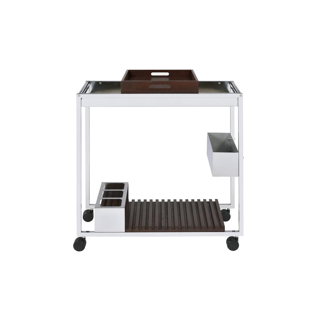 roomfitters Lisses Chrome and Walnut Serving Cart, Contemporary Luxury electroplated Electroplated Bar Trolley with Removable Serving Tray and Stemware Shelf