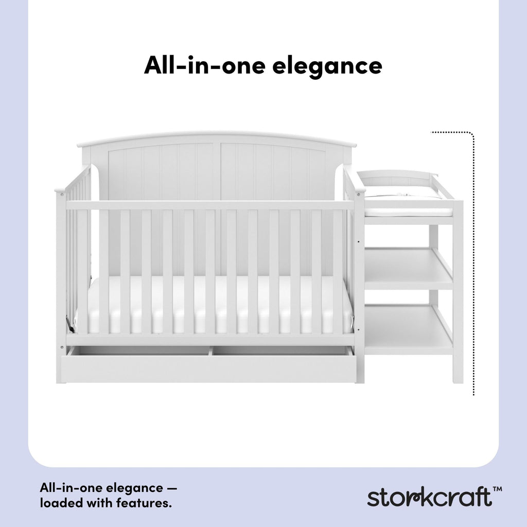 Storkcraft Steveston 5-in-1 Convertible Crib & Changer – GREENGUARD Gold Certified, Fits Standard Crib Mattress, Converts to Toddler Bed and Full Bed, 4 Adjustable Mattress Heights (White)