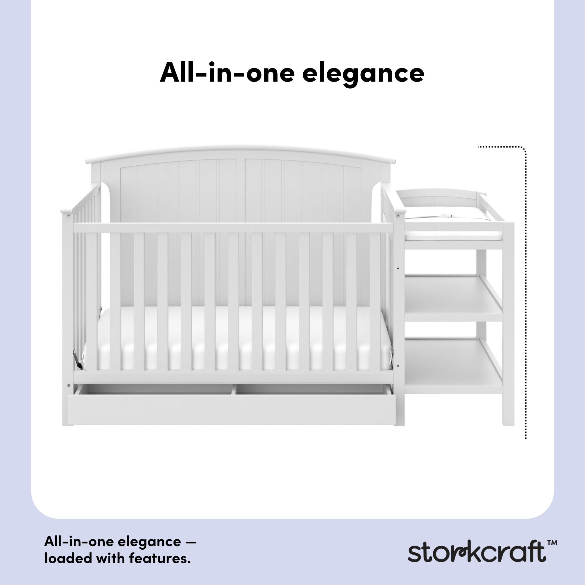 Storkcraft Steveston 5-in-1 Convertible Crib & Changer – GREENGUARD Gold Certified, Fits Standard Crib Mattress, Converts to Toddler Bed and Full Bed, 4 Adjustable Mattress Heights (White)