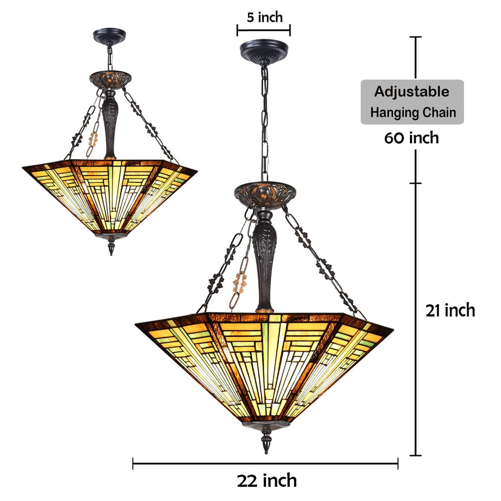 COTOSS Tiffany Pendant Light Fixtures,22" Wide Large Stained Glass Inverted Ceiling Pendant for Dining Room,Antique Style 3 Lights Hanging Lamp for Sitting Room Foyer