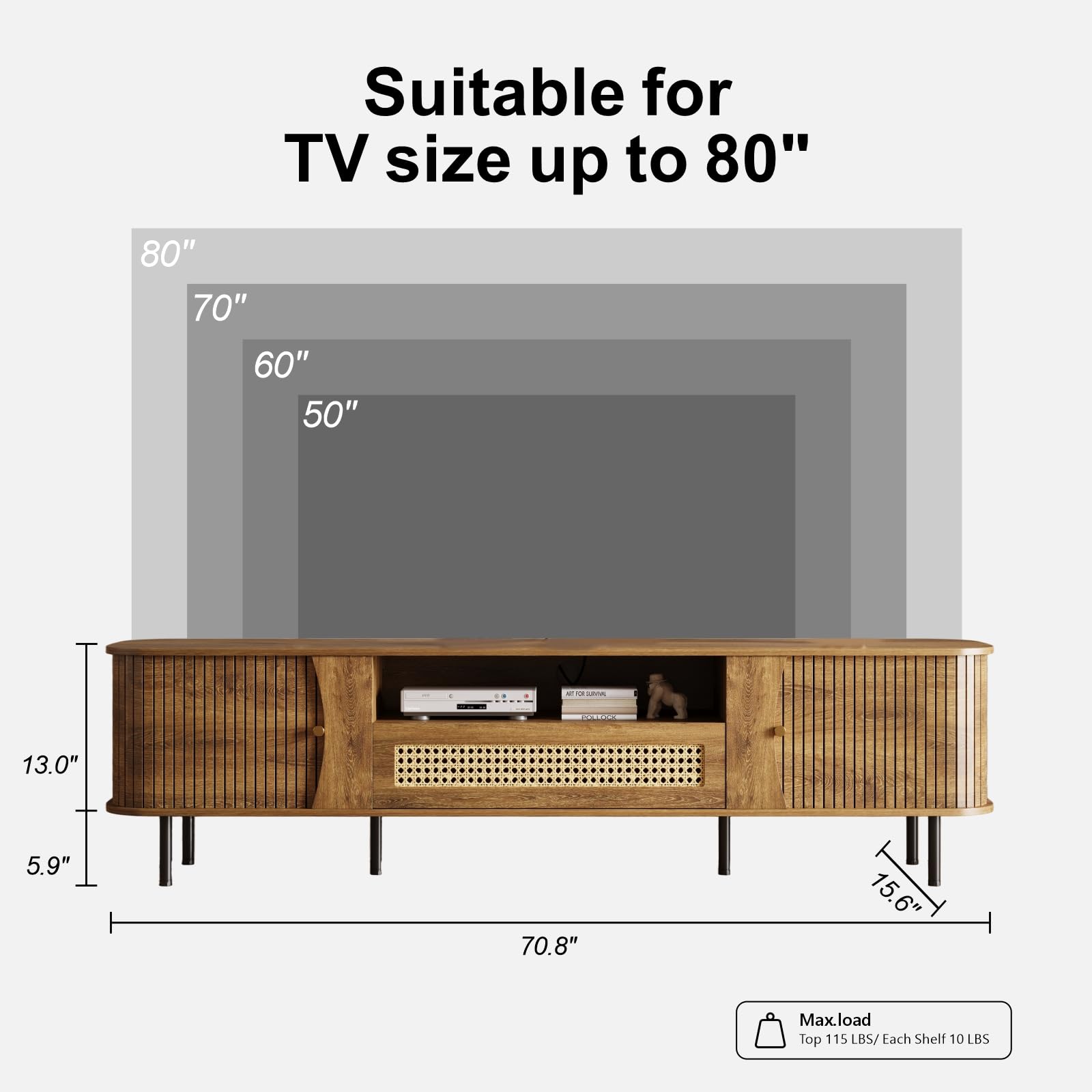 basenji Fully Assembled 71" Mid Century Modern TV Stand with Power Outlet and Sliding Doors, Rattan Entertainment Center with Storage, Wood Media Console,TV Consoles for Living Room,Walnut