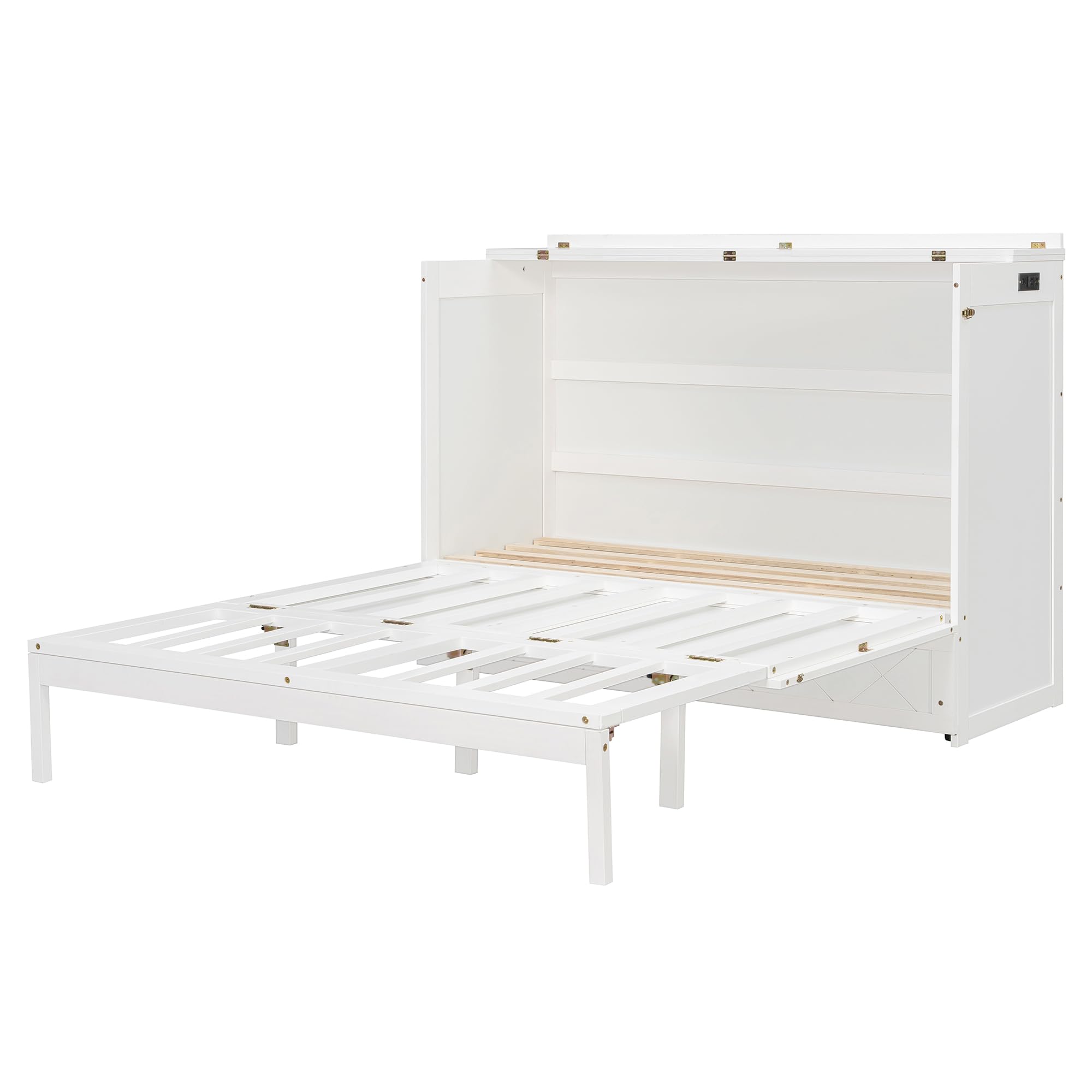 Merax Queen Size Murphy Cabinet Bed with Storage Drawers, Wall Murphy Bed with a Set of Sockets & USB Ports, Folding Platform Bed for Small Room