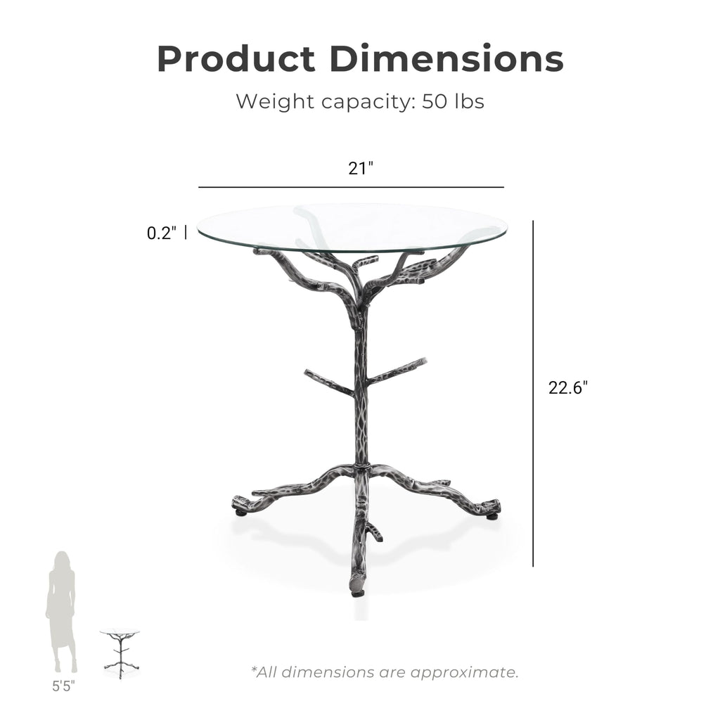 24/7 Shop at Home Lalia Modern Round End Table with Nature-Inspired Branch Base, Tempered Glass Top, Hammered Steel Frame for Living Room, Matte Grey