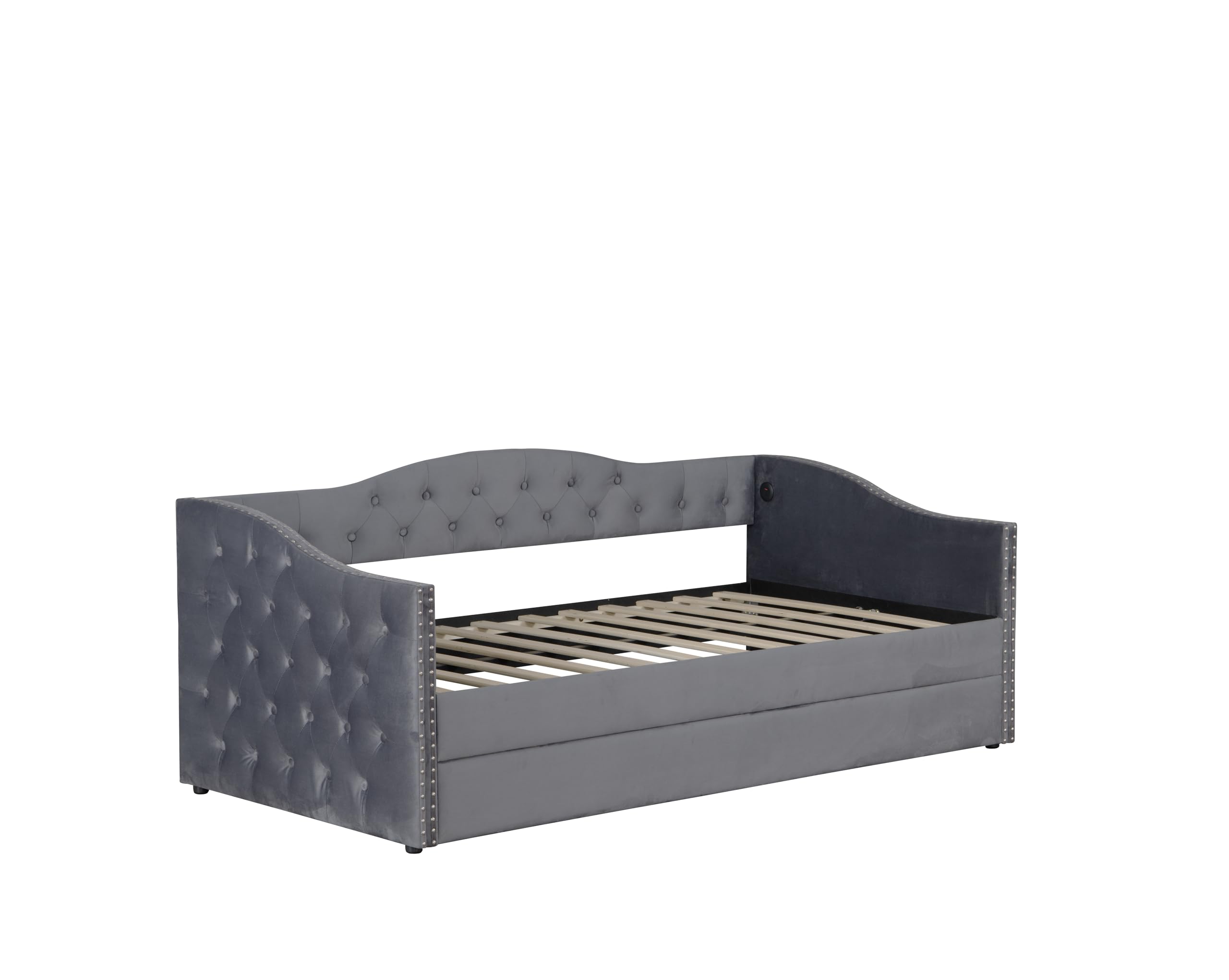 GDFStudio Twin Size Bed Frame with Trundle, Upholstered Twin Daybed with USB Charging Station, Diamond Tufted Velvet Sofa Bed, Wood Platform Twin Bed Frame with Solid Slat, No Box Spring Needed, Gray