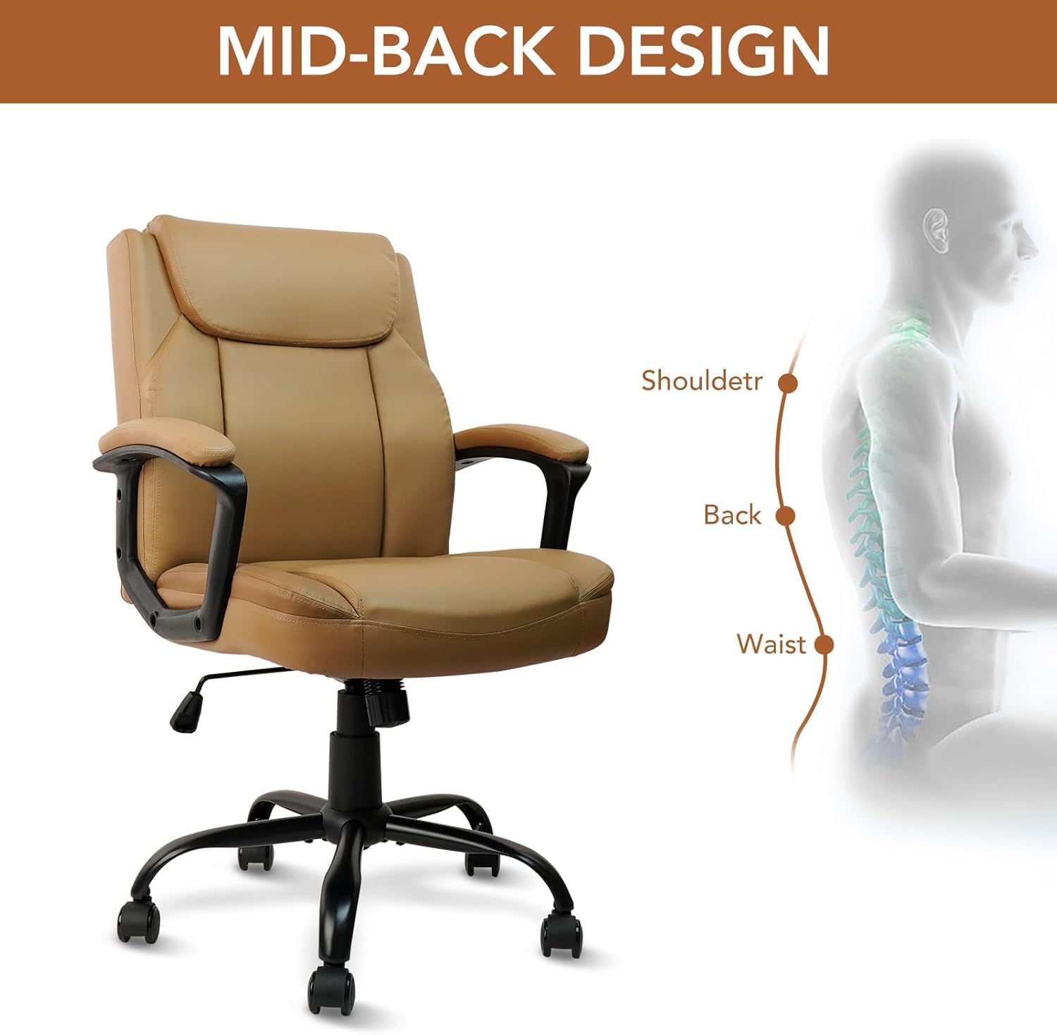 CLATINA Office Chair, Ergonomic Mid-Back Executive Office Chair, PU Leather Desk Chair Swivel Rolling Computer Task Chair with Lumbar Support and Padded Armrests for Home (Brown 4 Pack)