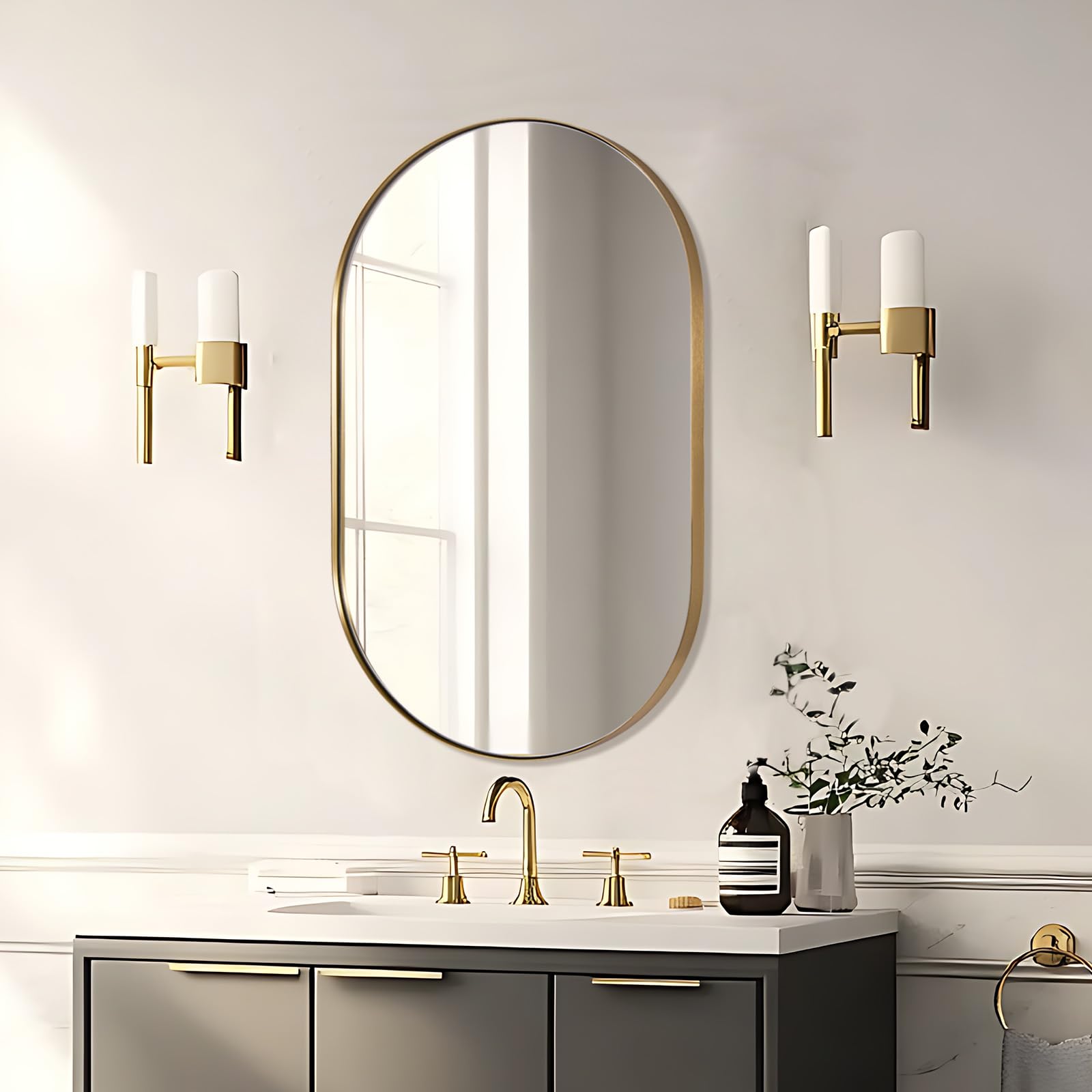 ANDY STAR 26x38 Inch Gold Oval Mirror, Oval Brass Mirror Pill Shaped Stainless Steel 1’’ Deep Metal Frame Wall Mounted Vertically & Horizontally Ideal for Limited Space