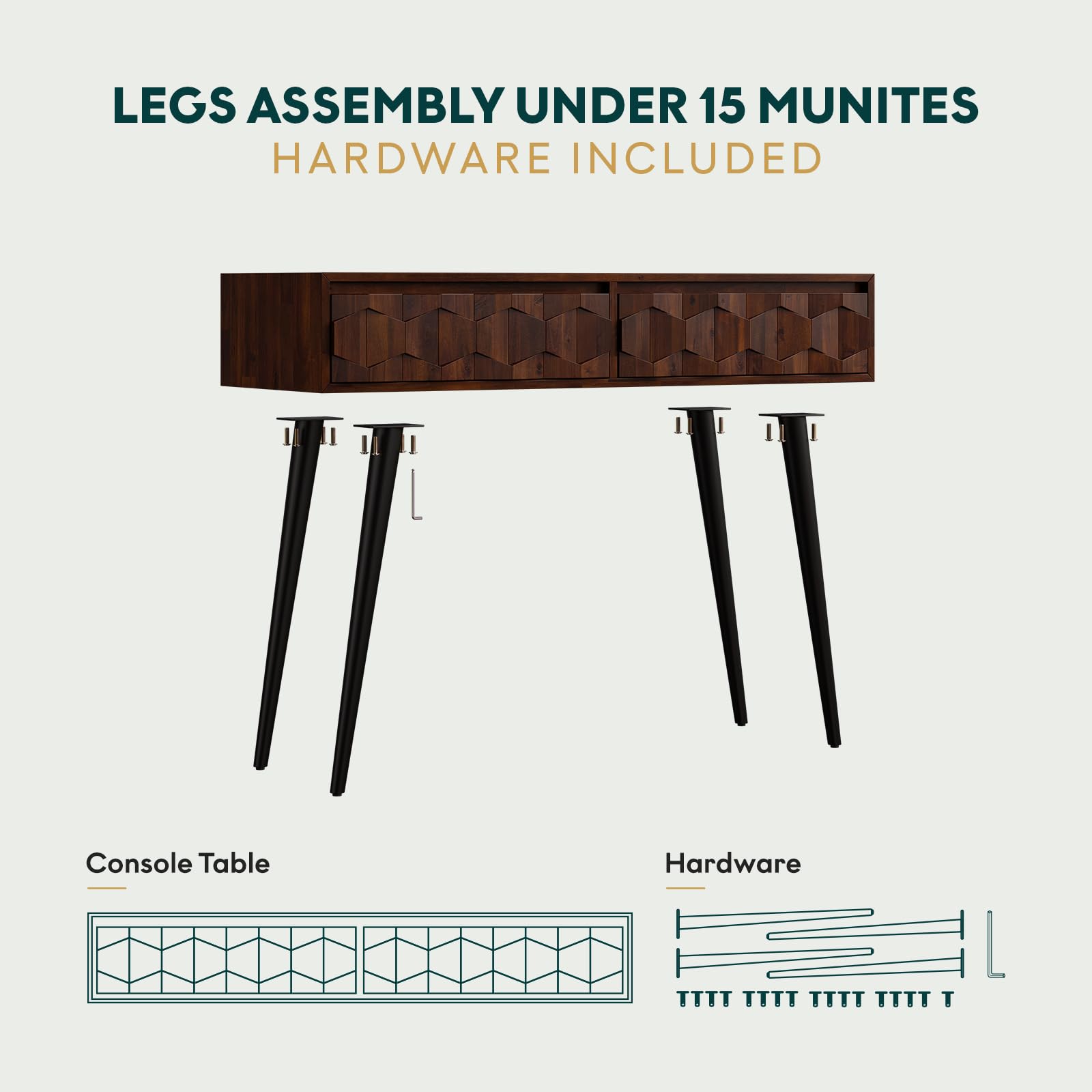Bme Console Modern Mid-Century 2 Drawers, Unique Geometric Design Sofa Table for Entryway, Hallway, Living Room, Walnut
