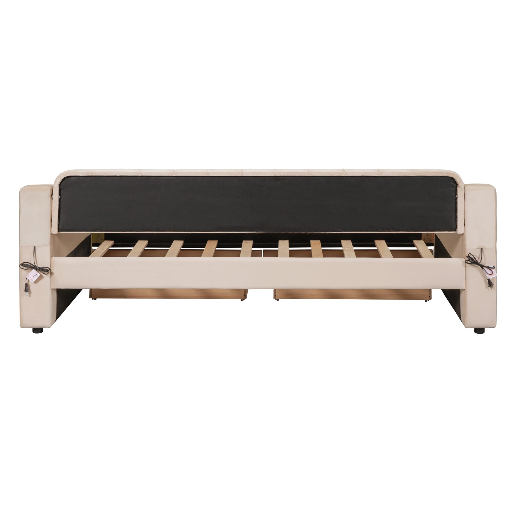 GDFStudio Twin Size Upholstered Daybed with USB Ports and Storage Drawers, Velvet Daybed Frame with Button Tufted Armrests and Wood Slat Support, Beige
