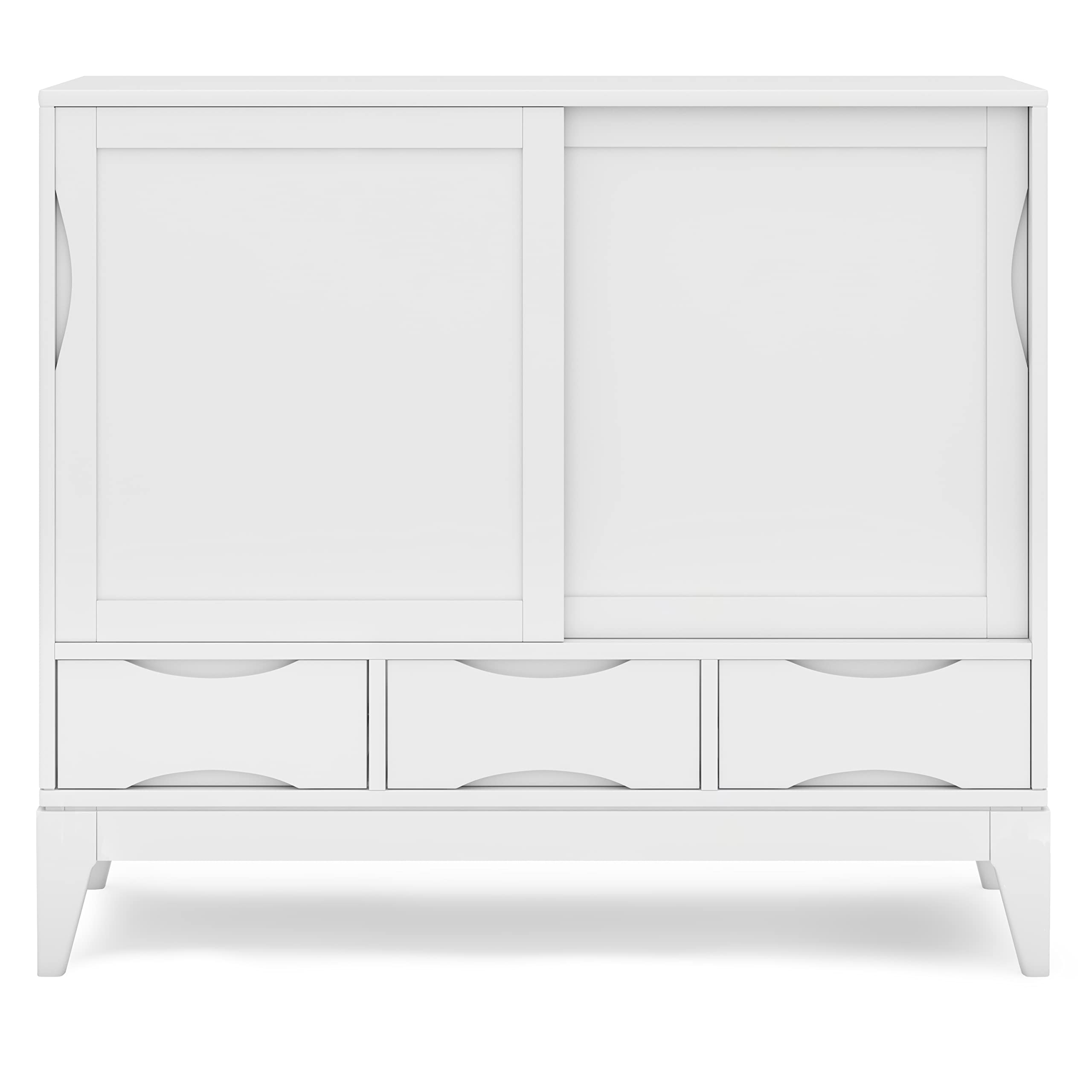 SIMPLIHOME Harper Medium Storage Cabinet - 48 inch Wide Solid Hardwood Sliding Door Cabinet in White, Mid-Century Modern Cupboard for Living Room or Entryway with 3 Drawers and Tapered Legs