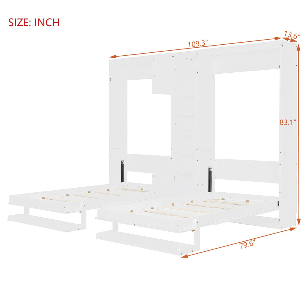 Merax 110W Dual Twin Wall Murphy Beds with Cabinets and Shelves,Sleeping Arrangement for Multipurpose Area, Bedroom, Guest Room or Living Room,White
