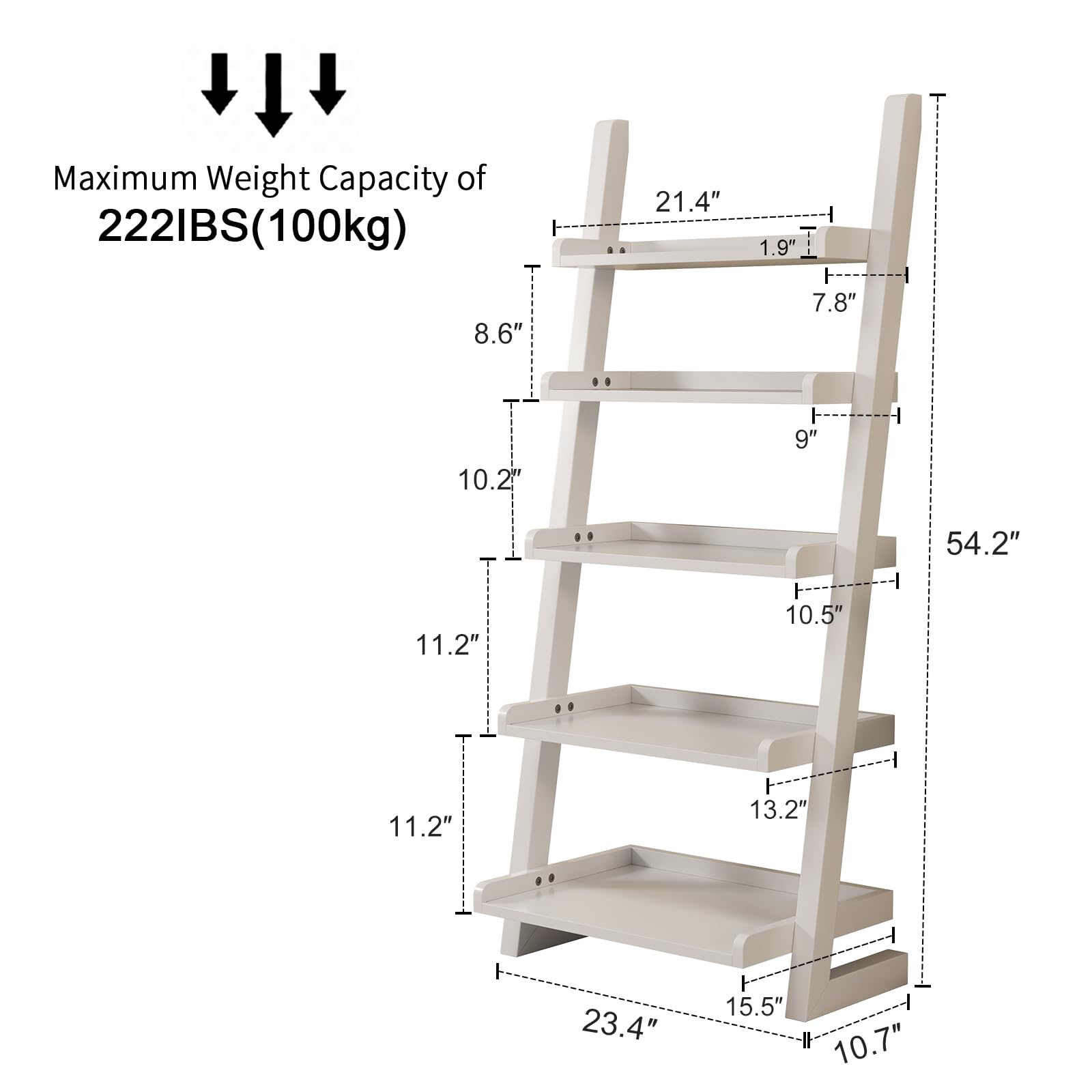 AQIMUELE White Wooden Ladder Shelf with Edges, 5-Tier Modern Leaning Bookshelf Ladder – Stylish Space-Saving Bookcase for Living Room, Bedroom & Home Office