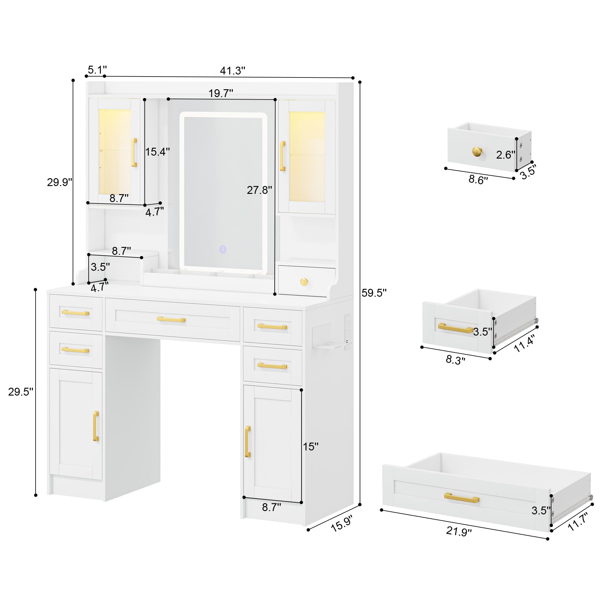NUNU LAB Large White Vanity Desk with Mirror and Lights with 5 Drawers, Women Makeup Table with Power Outlet, 3-Color Adjustable Lighting for Bedroom Brown
