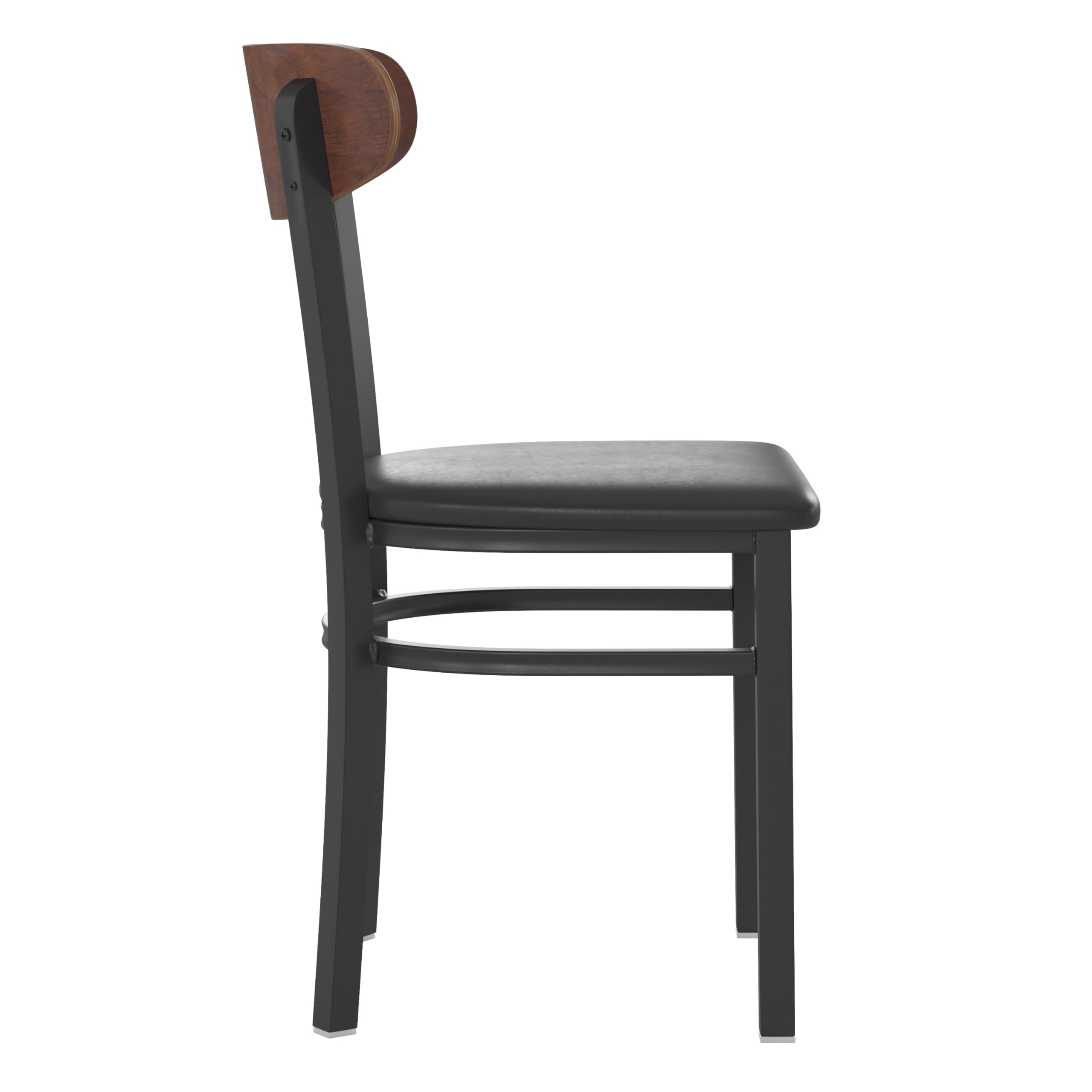 Flash Furniture Wright Set of 2 Commercial Dining Chairs - Walnut Wood Boomerang Back - Black Vinyl Seat - 500 LB. Capacity Black Steel Frame-Integrated Footrest