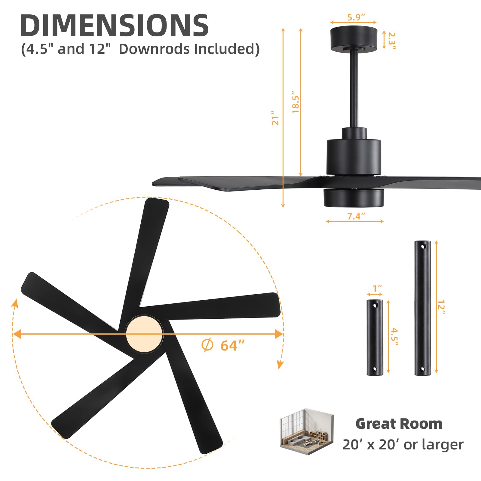 WINGBO 64" ABS DC Ceiling Fan with Lights, 5 Blade ABS Plastic Ceiling Fan with Remote, 6-Speed Reversible DC Motor, LED Ceiling Fans for Kitchen Bedroom Living Room, Matte Black