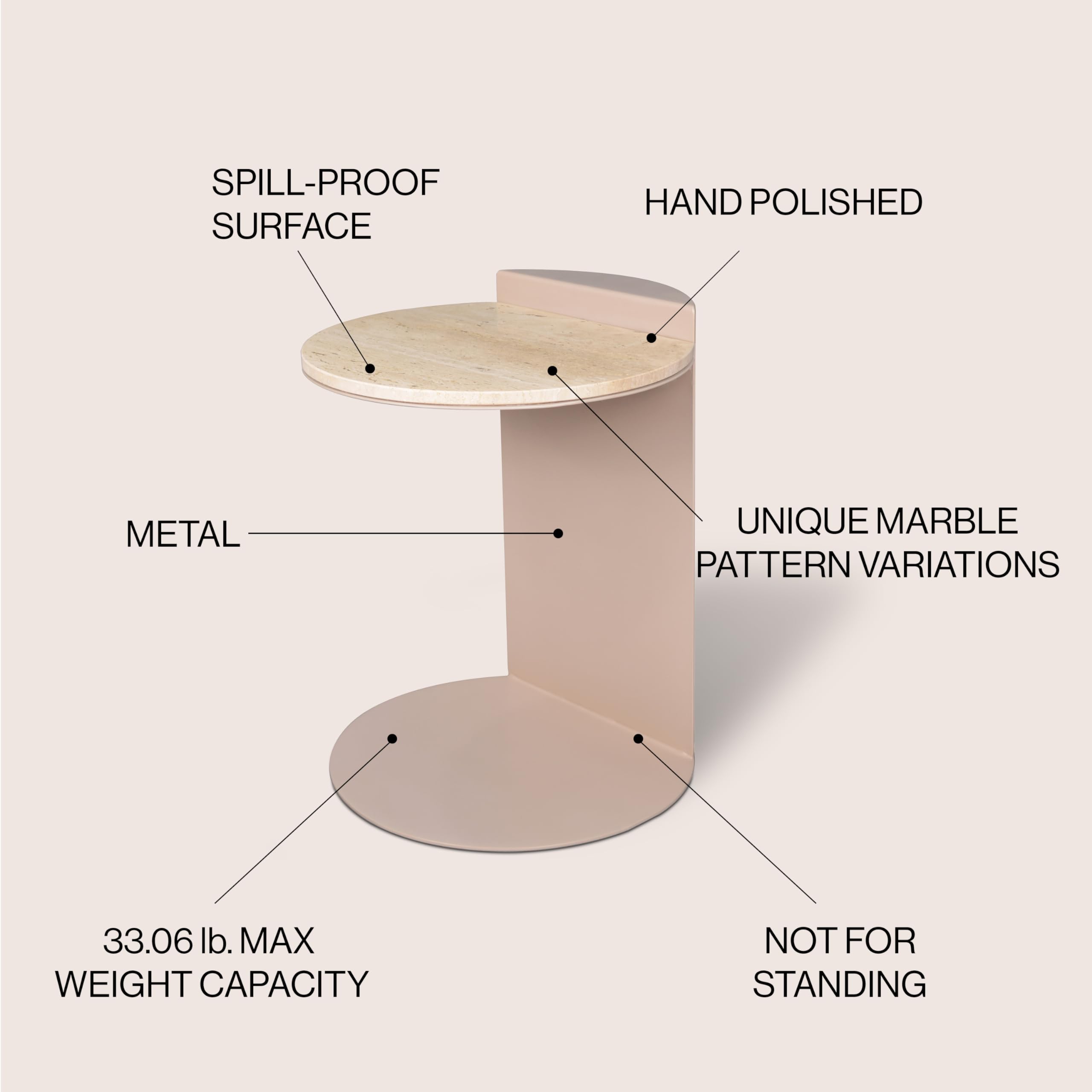 JONATHAN Y Evelyn Modern Natural Marble C-Shaped End Table, 20" Round Side Snack Table with Matte Pink Beige Iron Frame for Living Room, Small Accent Table for Sofa MTB1102A