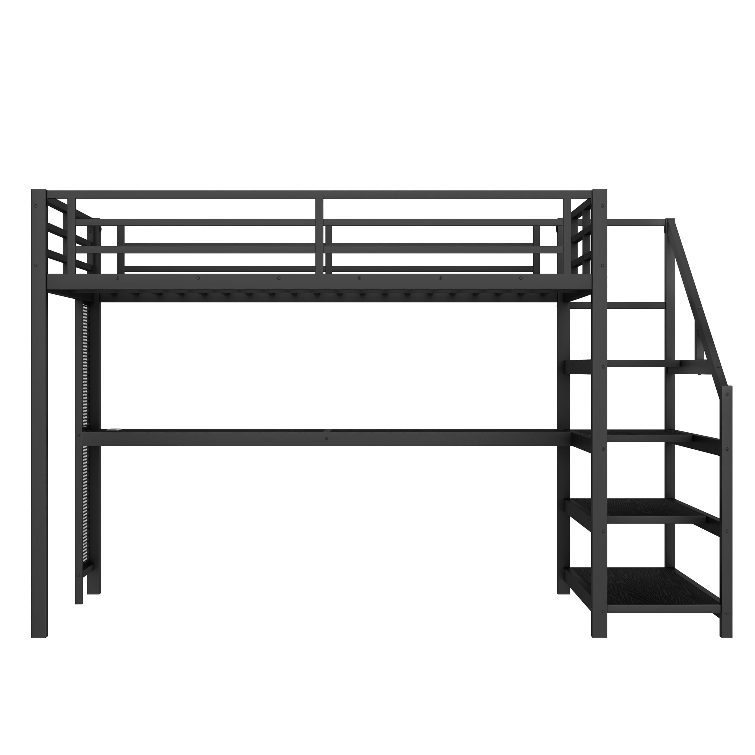 Bellemave Queen Loft Bed with Desk & Storage Stairs, Metal Queen Size Loft Bed Frame with Iron Nets, LED Lights & USB Ports, Heavy Duty Adult LoftBed for Bedroom, Noise-Free, Black Wood