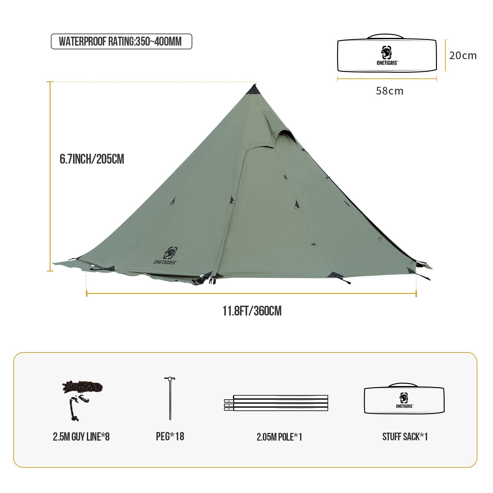 OneTigris Northgaze Canvas Hot Tent with Stove Jack, Wind-Proof Flame-Retardant, Durable 4 Season Camping Pyramid Teepee Tent for 2-4 Person (OD Green)
