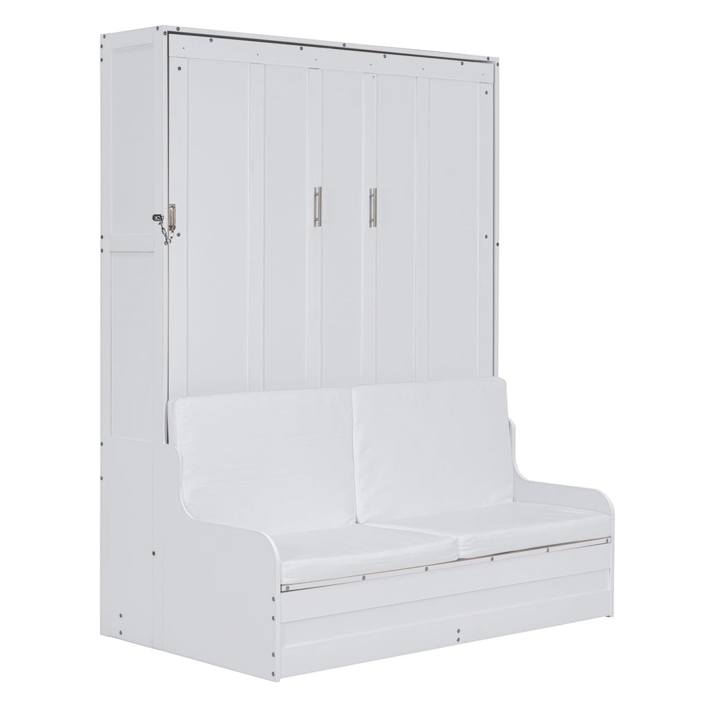 Merax Queen Size Murphy Bed Frame, Modern Wall Bed Can Be Folded into Cabinet, Chair with Cushion, White