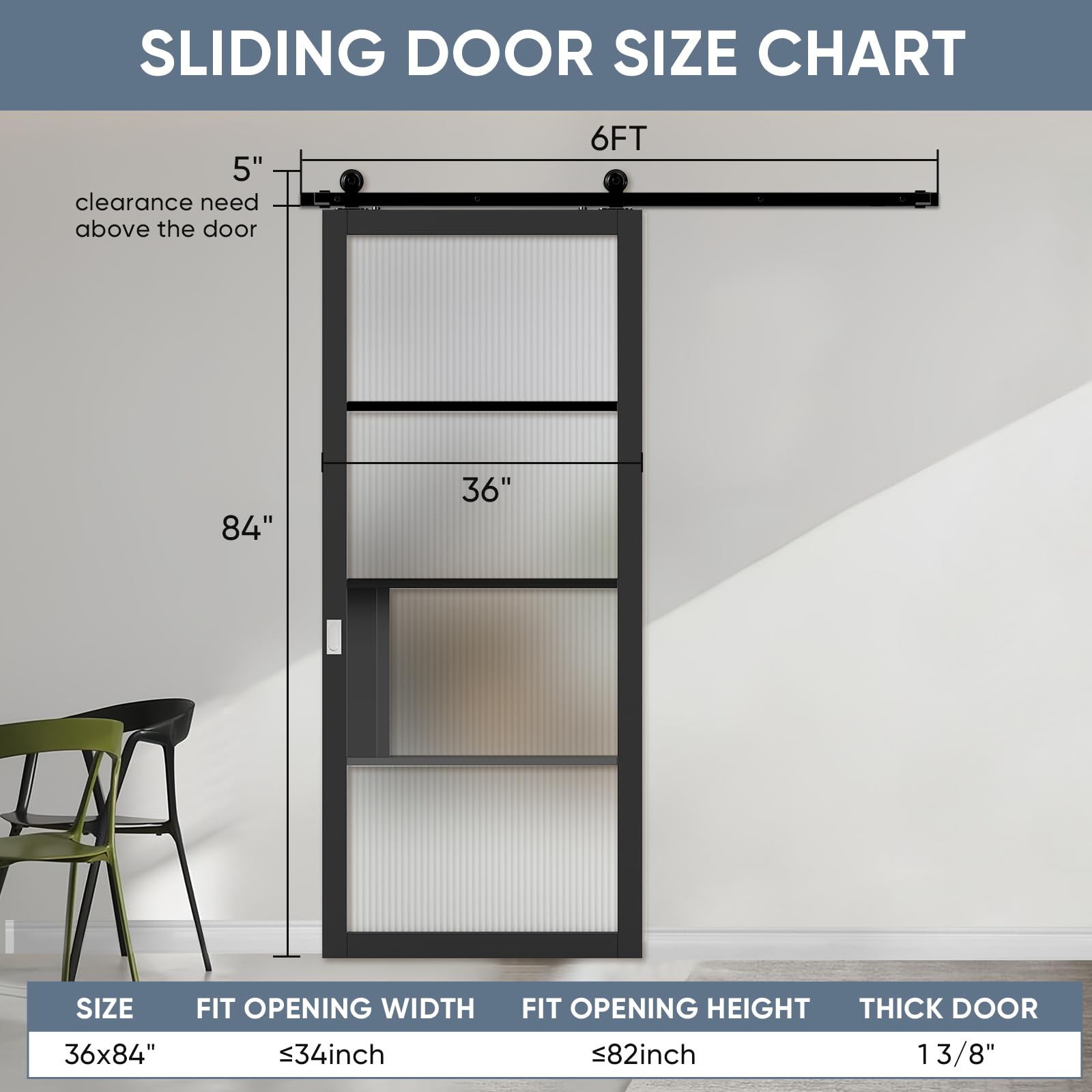 JUBEST 36"x84" Glass Barn Door, 4-Panel Reeded Safety Glass & Matt Black Painted Wood Frame Door Slab with 6FT Hardware Kits & Handles, Wear-Resistant & Scratch-Resistant, Preassembled