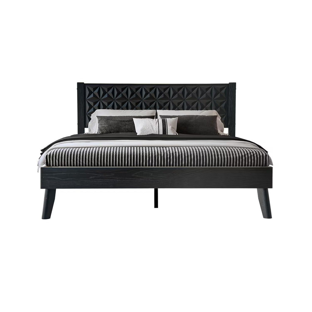 Queen Size Platform Bed Frame with Headboard & Footboard, Center Metal Legs, 12 Solid Wood Slatted Base, Easy Assembly, No Box Spring Needed, Noise-Free & Anti-Slip, Ebony Oak Finish UPQ-35
