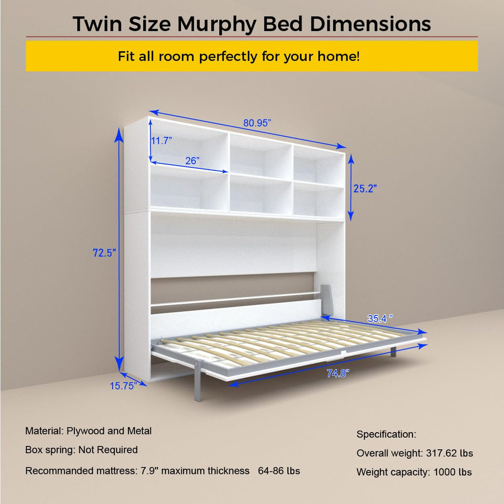 YOPTO Twin Size Horizontal Murphy Bed Chest with Double Layer Storage Shelf,Wood Hidden Cabinet Platform Bed W/Gas Struts,Space Saving,Wall Bed Frame for Bedroom,Guest Room,Apartment,White