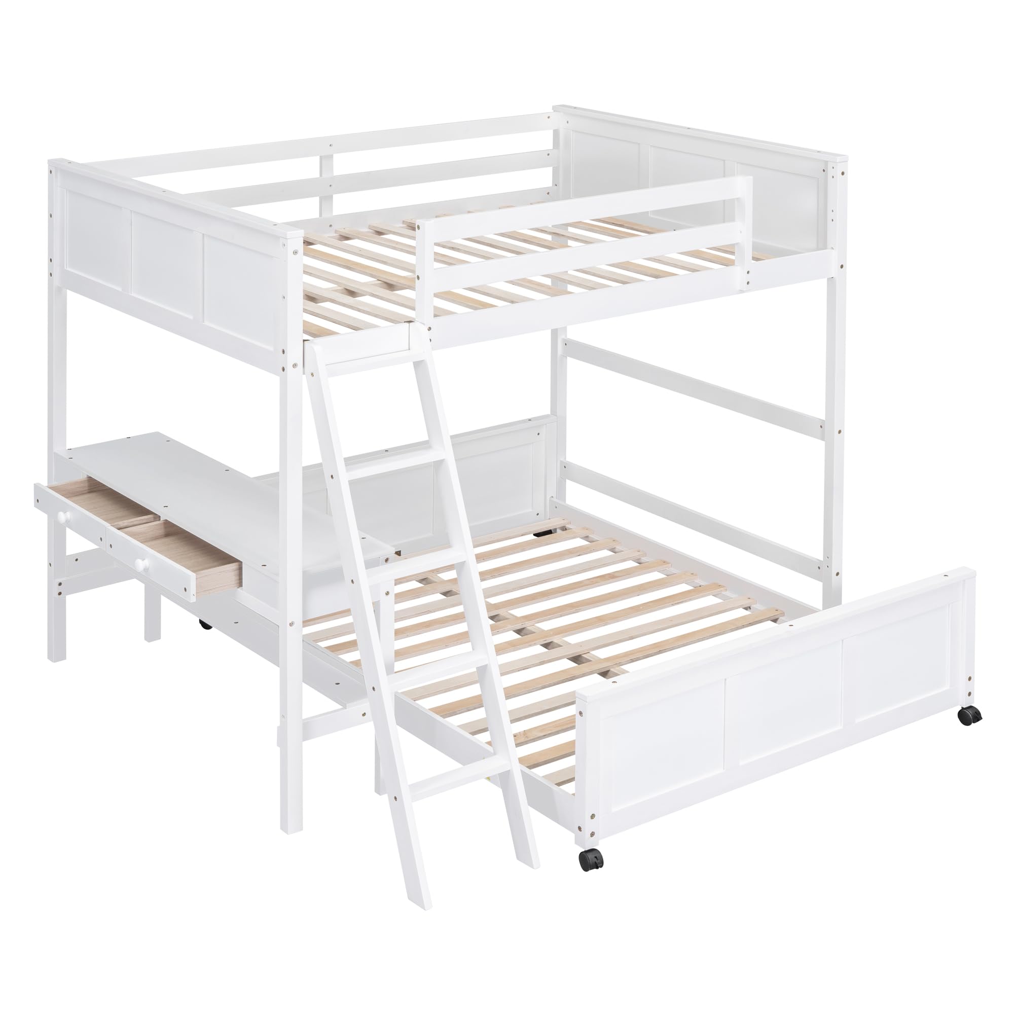 Full Over Full Bunk Beds with Desk, Wood Full Loft Bed Frame with Desk and A Stand-Alone Bed, L-Shaped Bunk Bed for Kids, Teens, Adults (Bottom Bed Can Be Moved, White)
