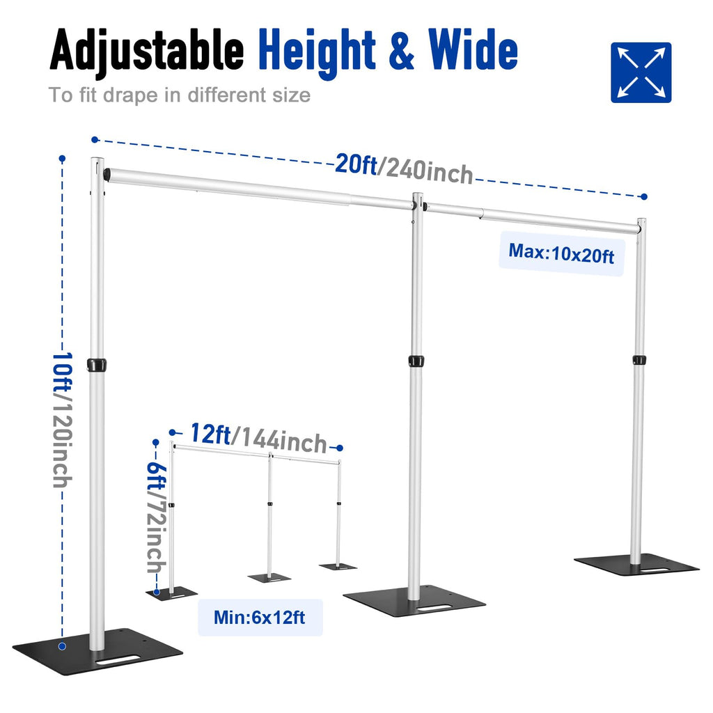 Hecis Heavy Duty Backdrop Stand, 10x20ft Pipe and Drape Stand Kit, Adjustable Decoration Stand, Back Drop Stand for Party Event, Trade Shows & Wedding Decor