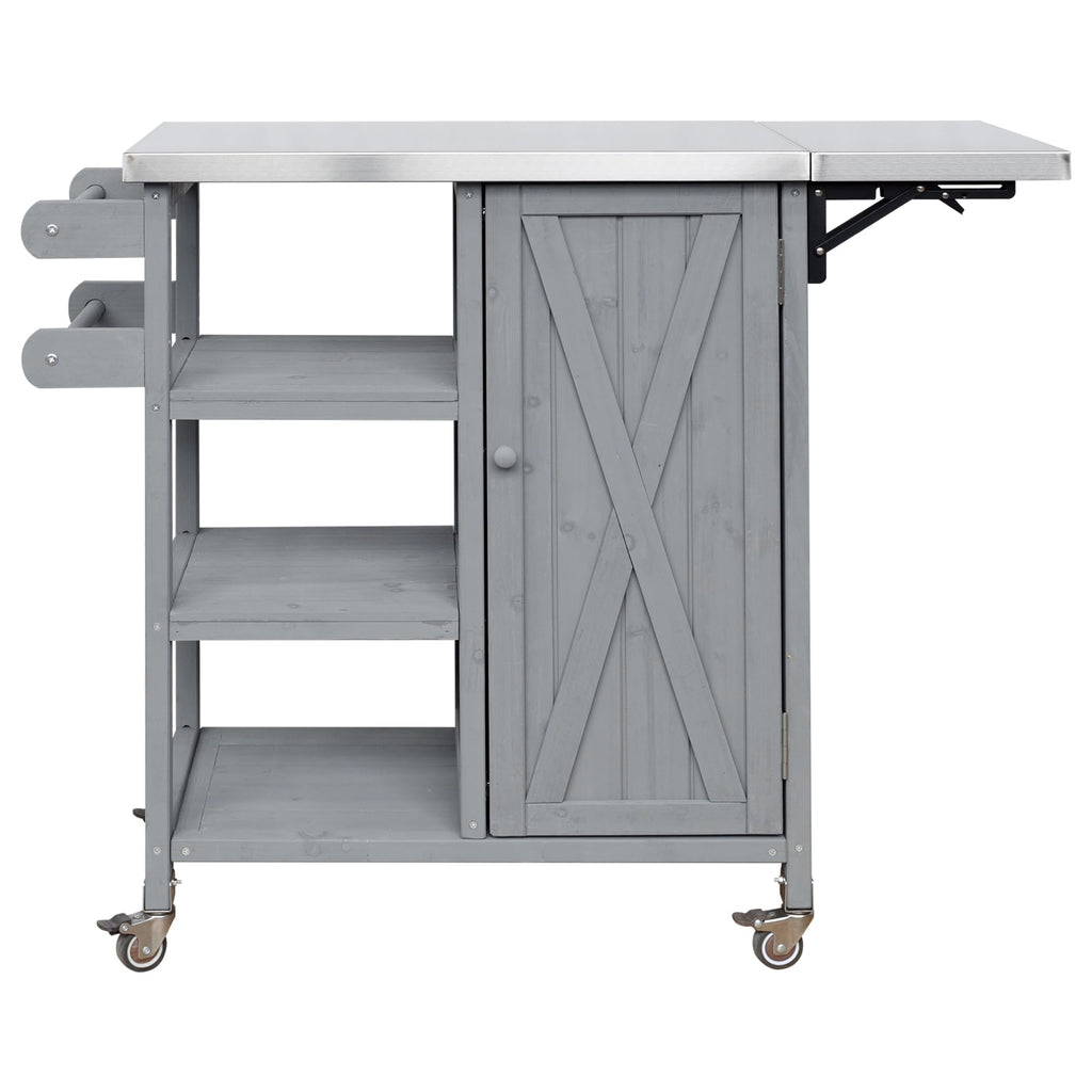Foldable Outdoor Kitchen Island Cart with Stainless Steel Top, Rolling Grill Table with Storage Cabinet Shelves and Double Towel Rack, Wooden BBQ Prep Station with Lockable Wheels for Patio, Grey