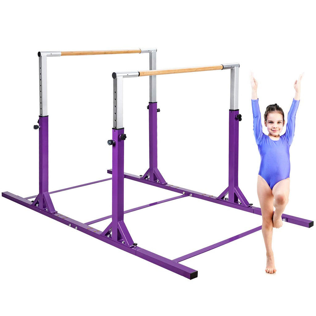 GOFLAME Double Horizontal Bars, Gymnastics Parallel Bars with Adjustable Height and Width, Junior Training Gym Bar for Kids, Ideal for Indoor Outdoor Use (Purple)