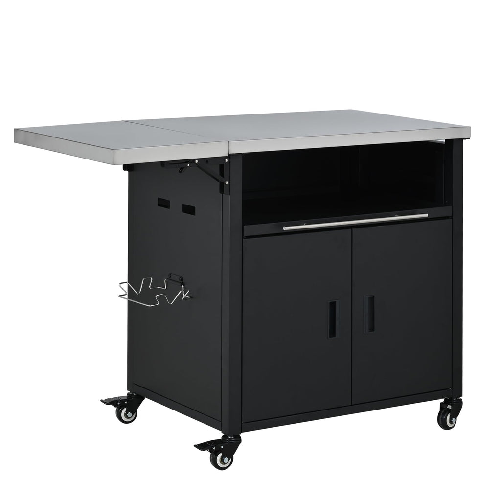 Outdoor Folding Kitchen Cart with Dual Stainless Steel Tops, Rolling Grill Prep Table with Cabinet Drawer and Trash Rack, Portable BBQ Serving Cart with Lockable Wheels for Patio Backyard, Black
