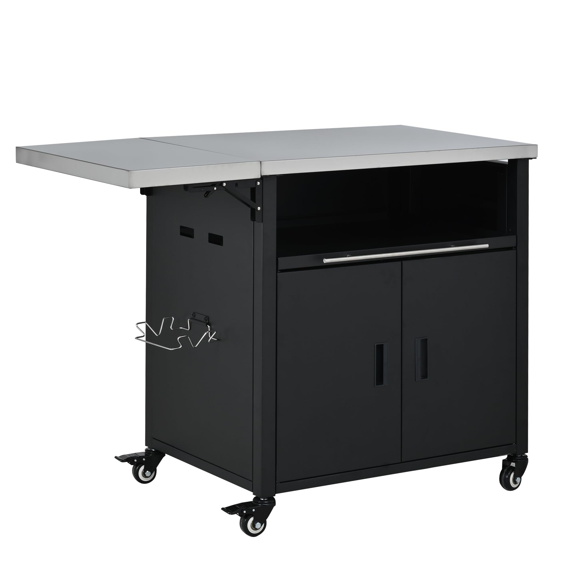 Outdoor Folding Kitchen Cart with Dual Stainless Steel Tops, Rolling Grill Prep Table with Cabinet Drawer and Trash Rack, Portable BBQ Serving Cart with Lockable Wheels for Patio Backyard, Black