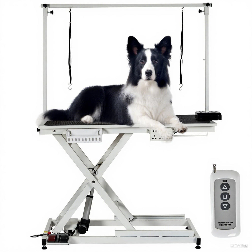 GarveeTech 50" Dog Grooming Table, Electric Hydraulic Grooming Table for Large Dogs or Small Dogs, Aluminium Overhead Arm, Anti Slip Tabletop, 6 USB Ports, Home & Salon Use, Max Capacity 330Lb, White