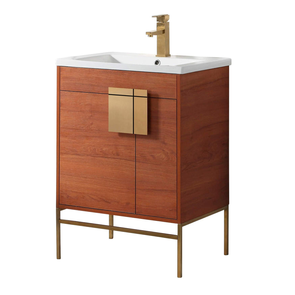 Fine Fixtures 24 Inch Bathroom Vanity with Sink, Vitreous China Walnut Sink, Satin Brass Hardware, Elegant Bathroom Vanities for Modern Homes, Easy Installation