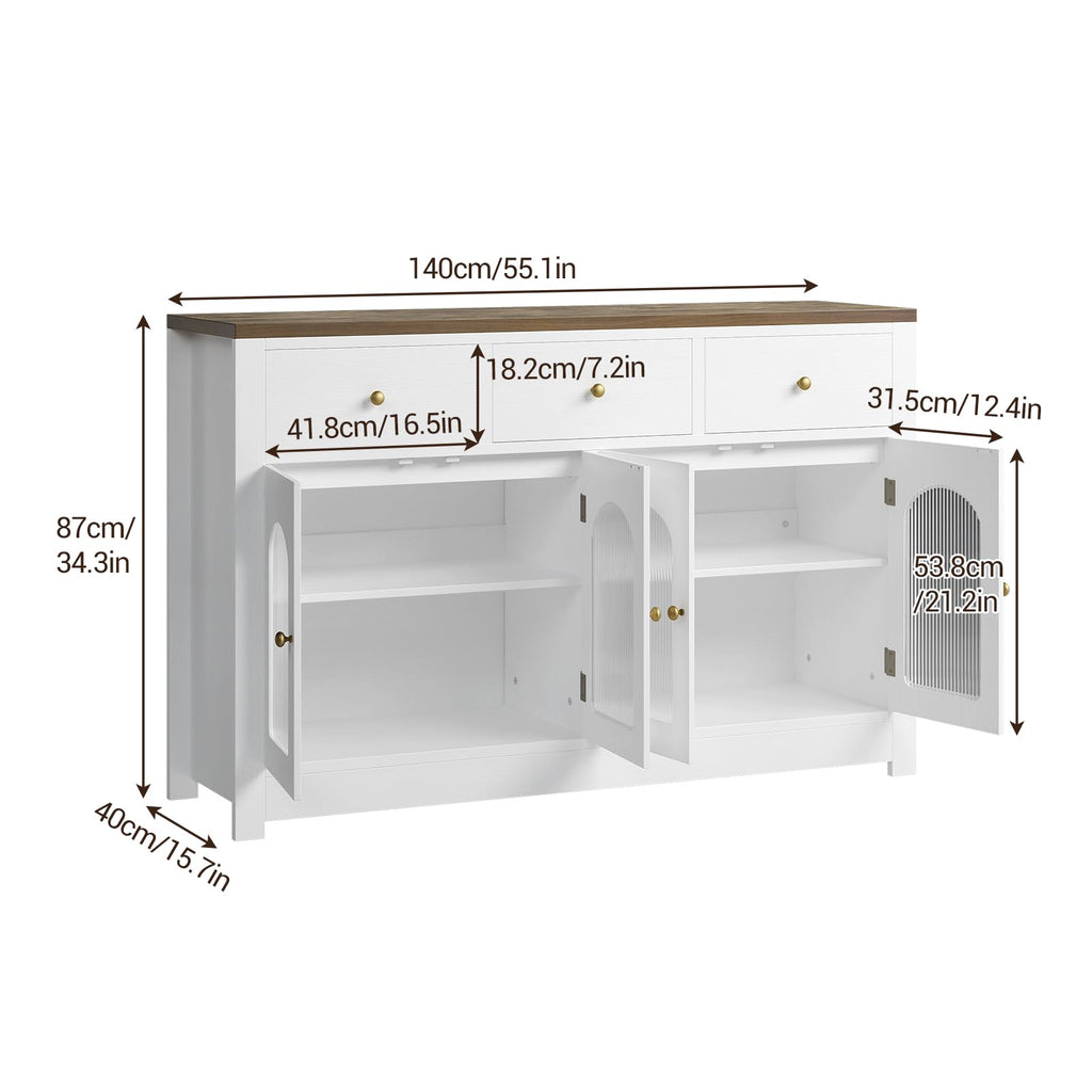 Farmhouse Large Buffet Sideboard Cabinet with 4 Doors & 3 Drawers, Kitchen Cabinet Display Cabinet with Adjustable Shelf, Wine Buffet Cabinet with Storage for Dining Room, Living Room, White