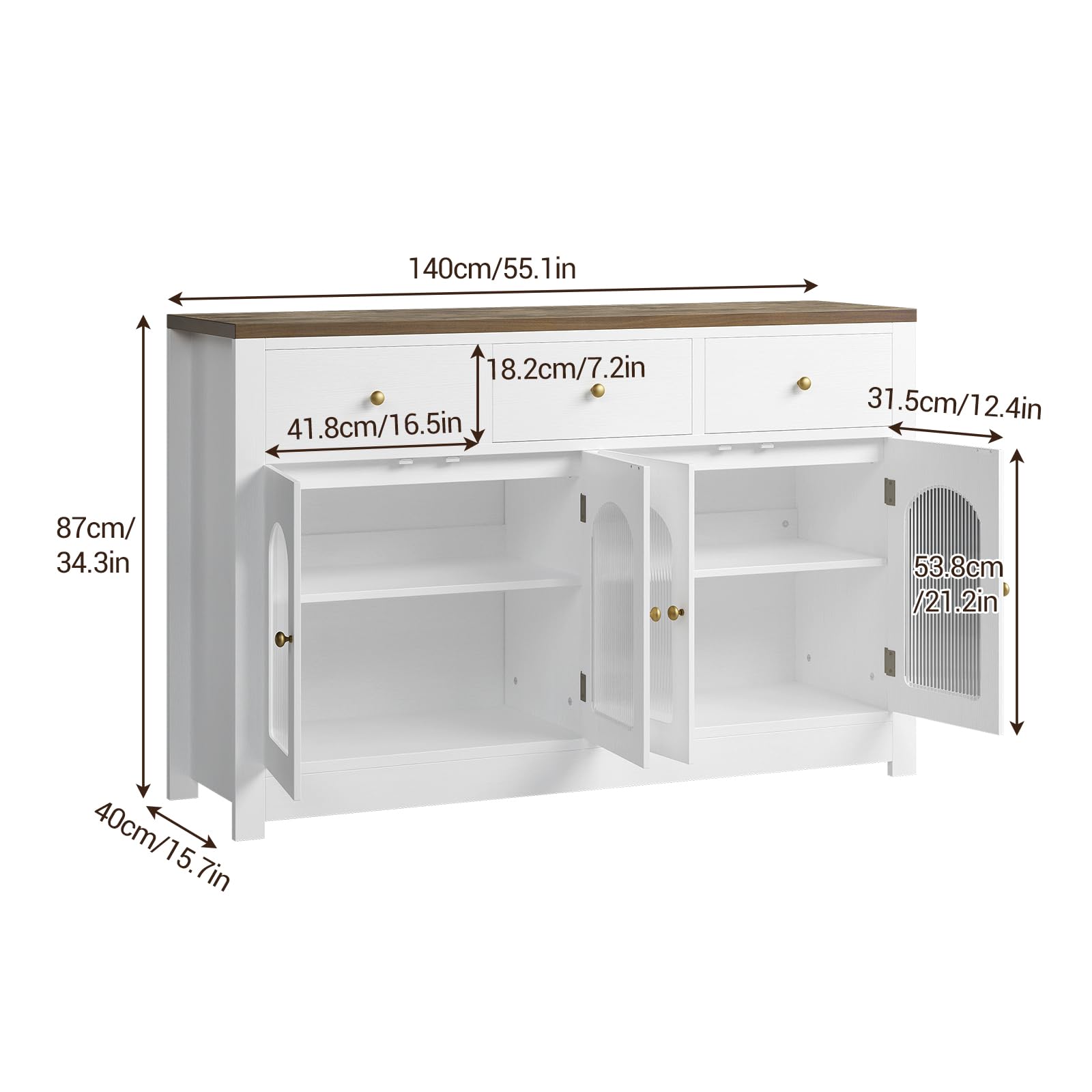 Farmhouse Large Buffet Sideboard Cabinet with 4 Doors & 3 Drawers, Kitchen Cabinet Display Cabinet with Adjustable Shelf, Wine Buffet Cabinet with Storage for Dining Room, Living Room, White