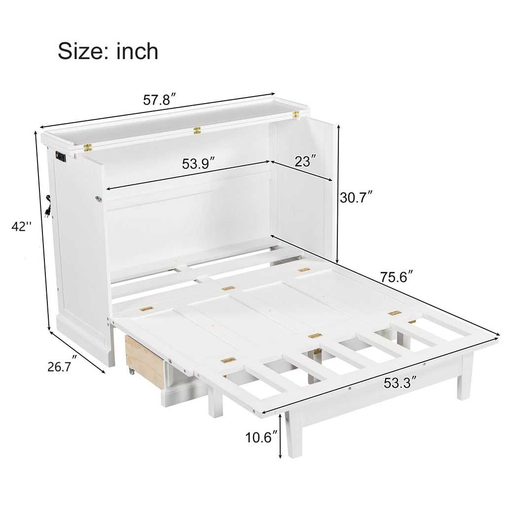 YOPTO Murphy Bed Cabinet Full Size with Charging Station and Large Storage Drawer,Pine Wood Folding Wall Bed Frame,Space Saving,Easy Assembly,Hidden Platform Bed for Home Office or Small Room,White