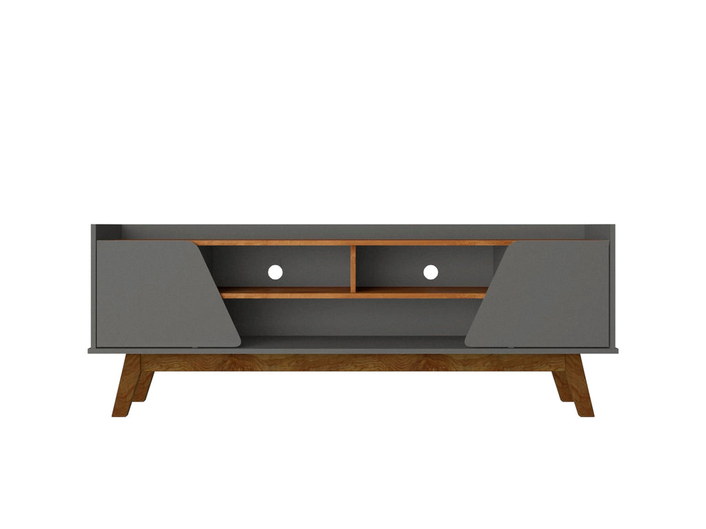 Manhattan Comfort Marcus Mid Century Modern 65 Inch TV Stand with Solid Wood Legs, Cable Management, 5 Shelves and Soft Close Doors, Entertainment Center and Media Console for Living Room, Grey