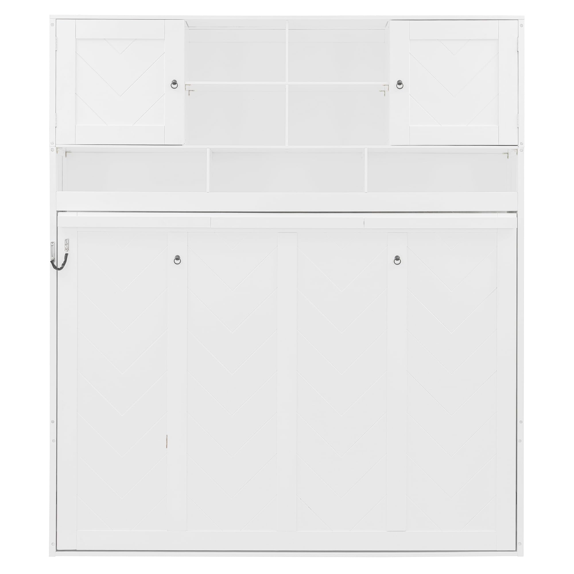 Merax Queen Size Murphy Bed Wall Bed with Top Storage Cabinets and Shelves, Fold into The Wall, Space-Saving Design, White Foldable Platform Bed Frame with Chevron Stripes, for Bedroom, Guest Room