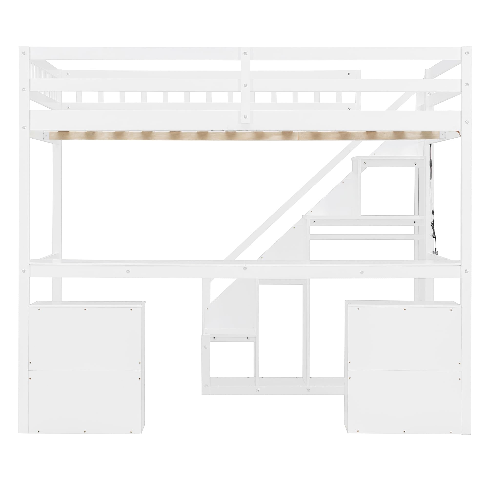 Merax Full Size Wood Loft Bed with Stairs, Built-in Desk, 2 Storage Drawers & Lights, Space Saving Bed for Teens, Adults, Study Loft Bed with Underbed Storage, White
