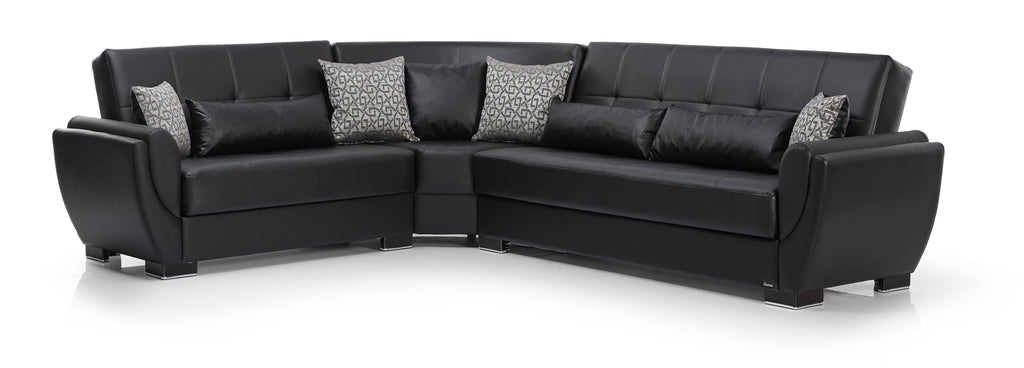 Ottomanson Convertible Sectional Sofa Bed with Hidden Storage & Click-Clack Sit-to-Sleep Sleeper Conversion – Rounded Arm, Firm Support L-Shaped Corner Couch Bed for Living Room & Guest Room, Black
