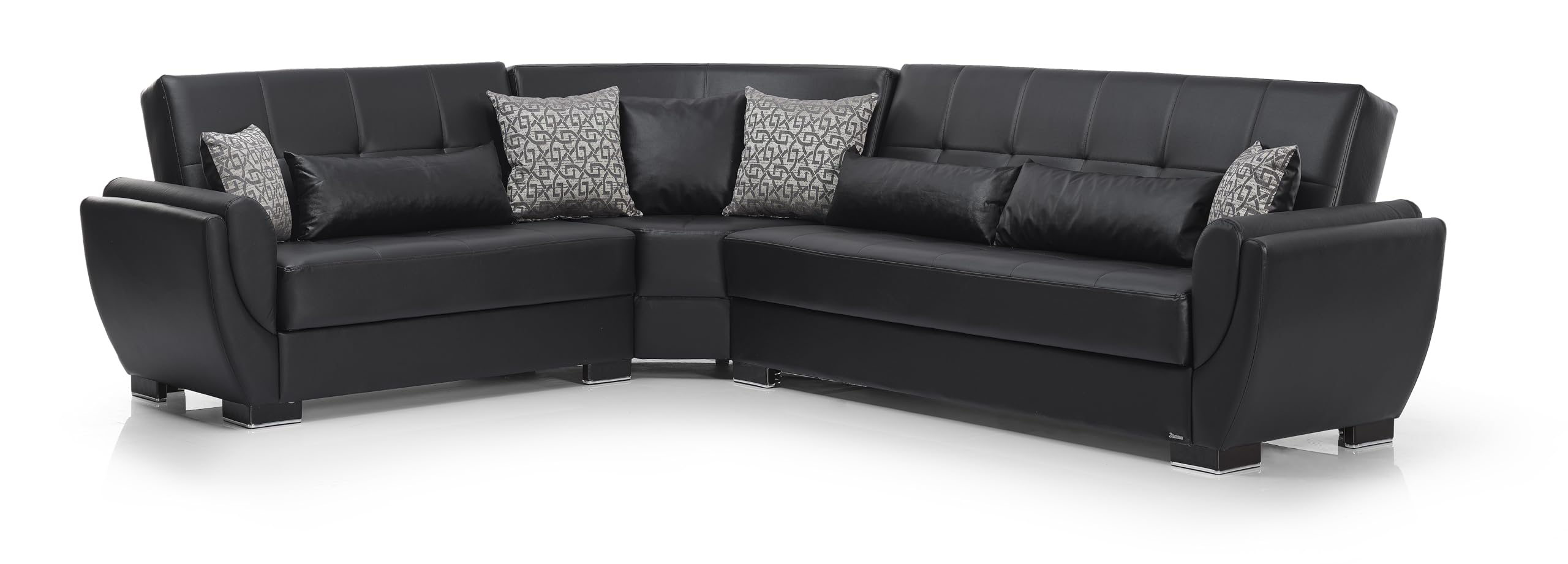 Ottomanson Convertible Sectional Sofa Bed with Hidden Storage & Click-Clack Sit-to-Sleep Sleeper Conversion – Rounded Arm, Firm Support L-Shaped Corner Couch Bed for Living Room & Guest Room, Black