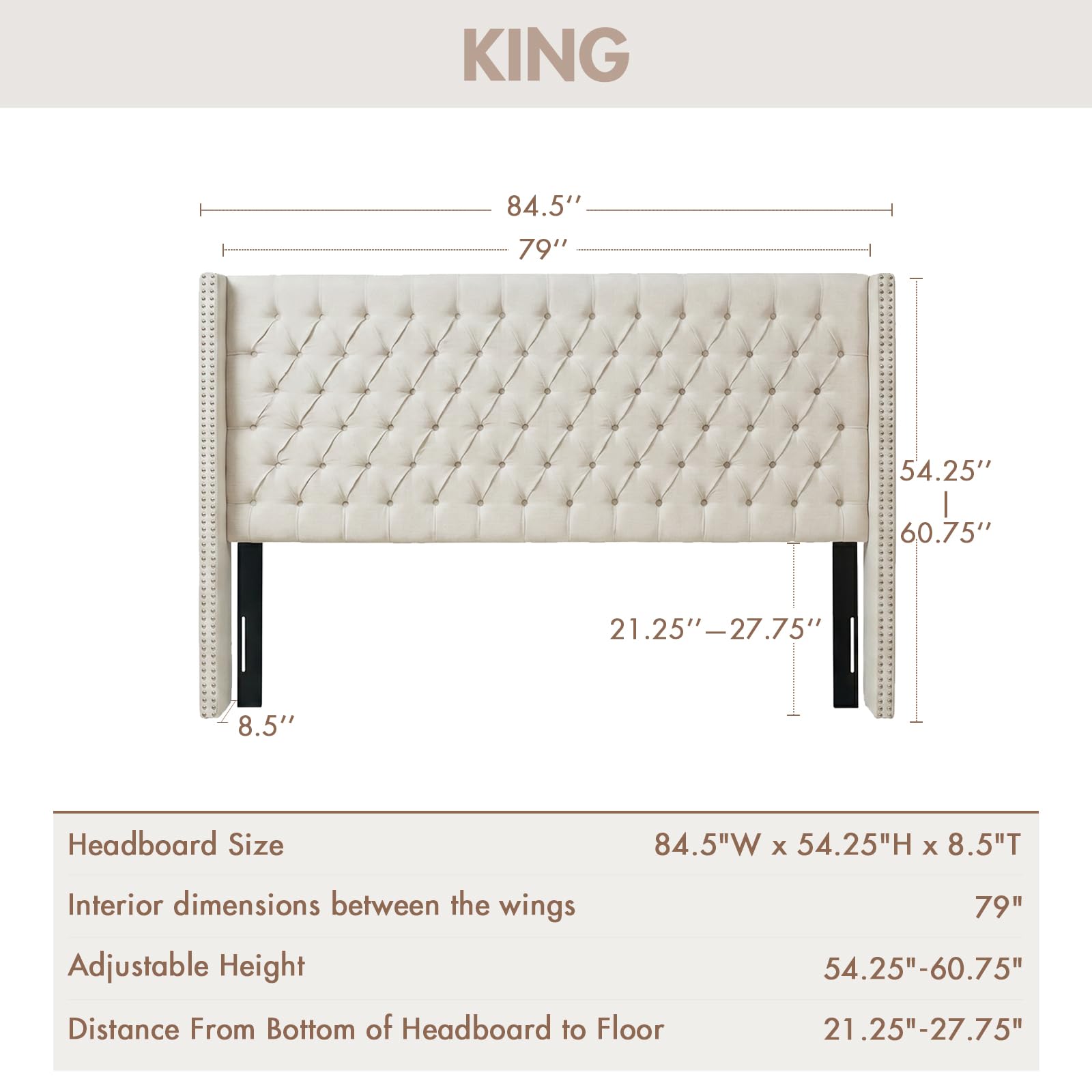 Madison Park Amelia Upholstered Headboard | Nail Head Trim Wingback Button Tufted | King, Cream