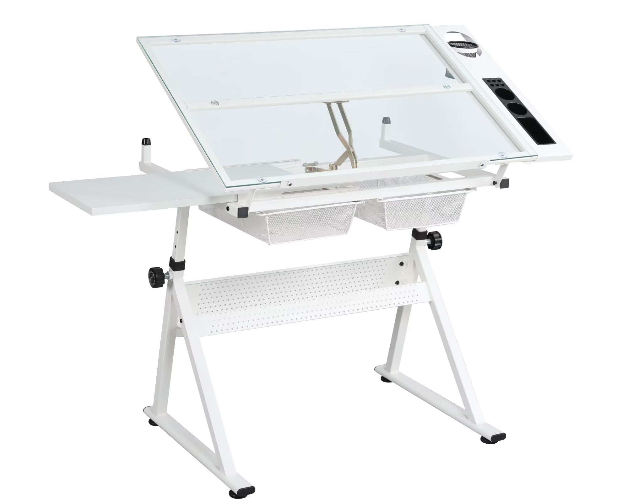 Adjustable Tempered Glass Drafting Table with Chair,Ergonomic Tilting (0-75°) & Height-Adjustable (31.5"-49.5"),Anti-Slip Feet,Storage Drawers for Drawing,Painting,Office Work,Artists,Designers,White