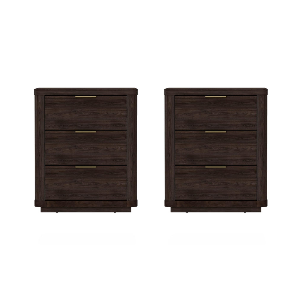 Manhattan Comfort Evelyn Set of 2 Nightstands with Full Extension Drawers, Minimalist Bedside Table with Rounded Corners and Raised Base, Modern Night Stand for Bedroom, or Living Room in Brown