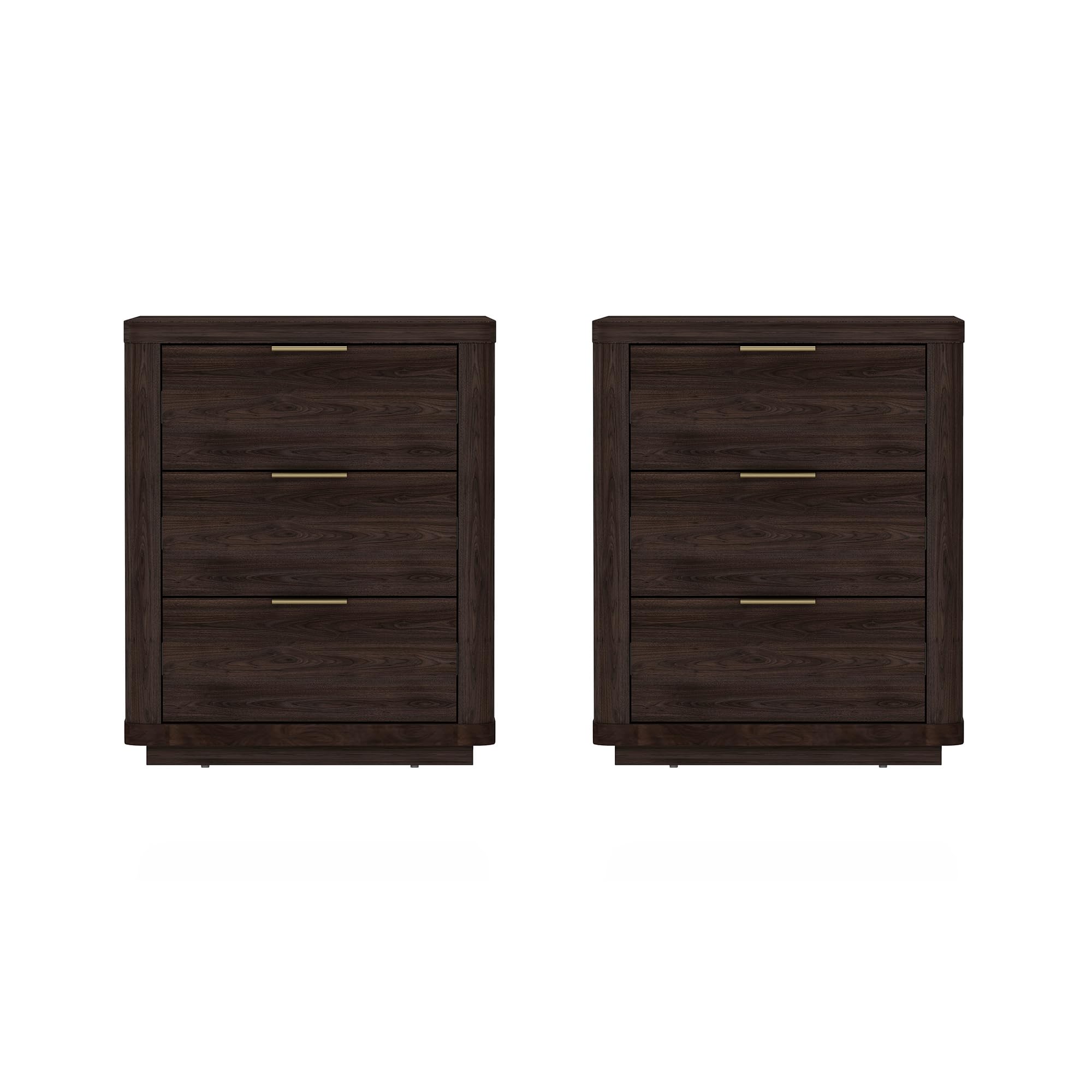 Manhattan Comfort Evelyn Set of 2 Nightstands with Full Extension Drawers, Minimalist Bedside Table with Rounded Corners and Raised Base, Modern Night Stand for Bedroom, or Living Room in Brown